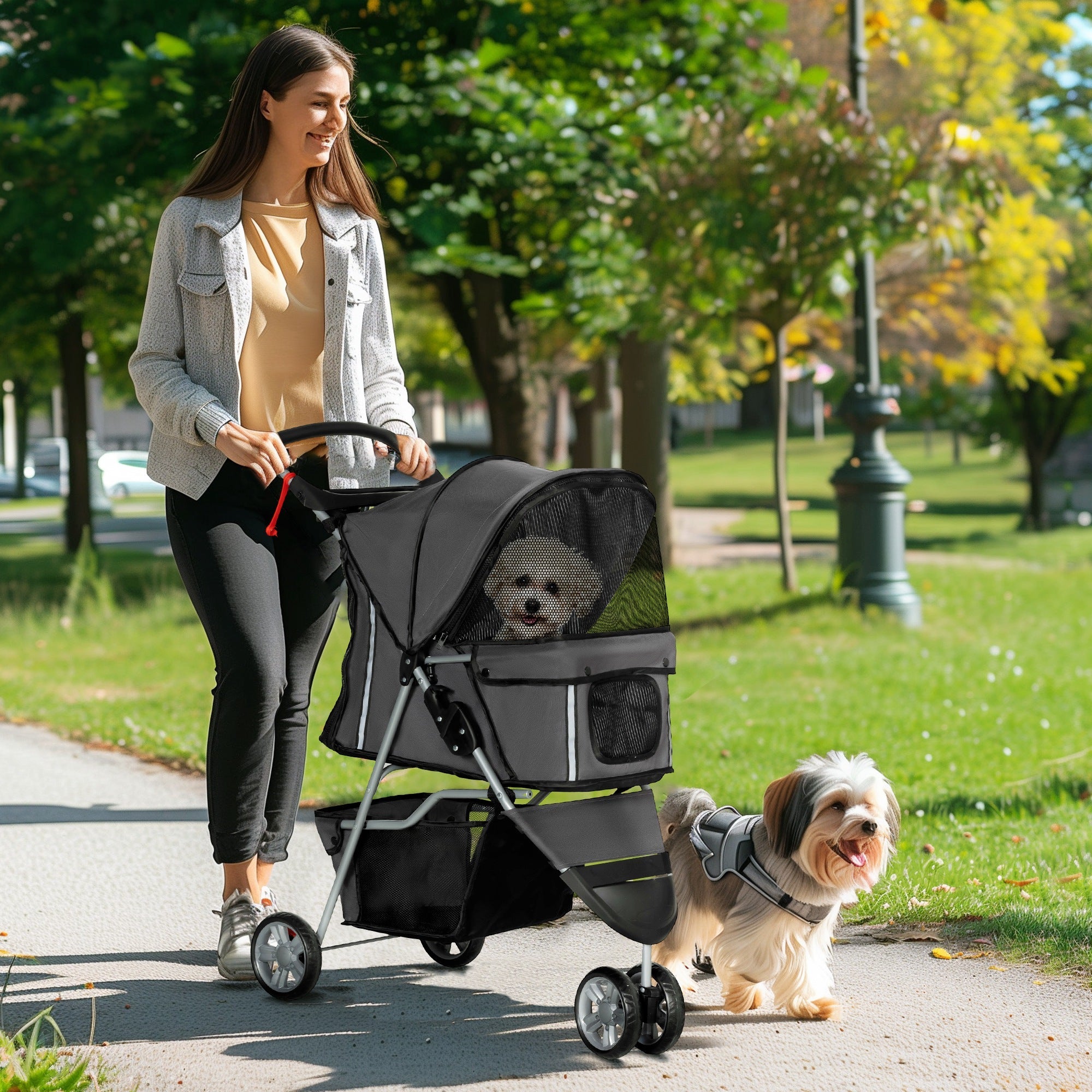 EasyComfort Passeggino per Cani Pieghevole con Portabicchieri e Cestino, in Acciaio e Poliestere, 75x45x97 cm, Grigio Carbone