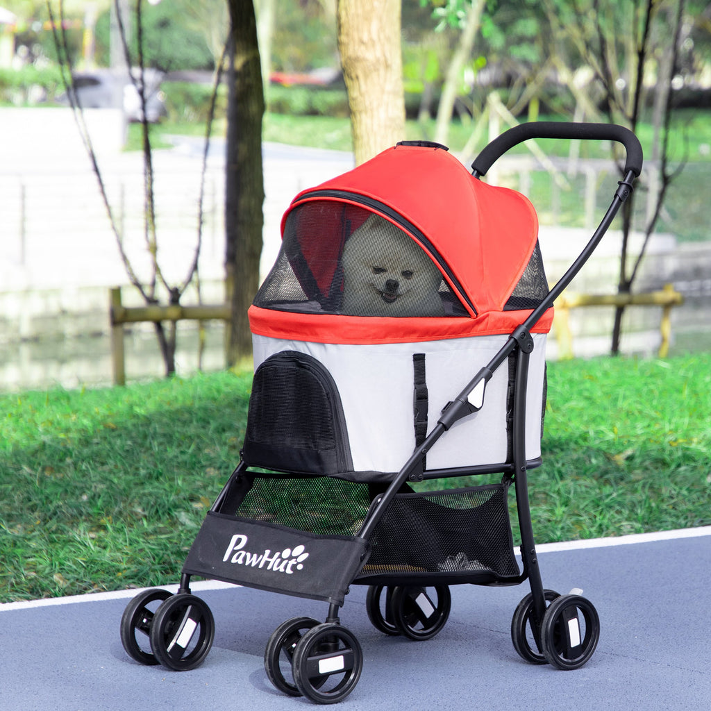 EASYCOMFORT Foldable Dog Stroller with Removable Carrier and Canopy, 82x49.5x98cm, Red