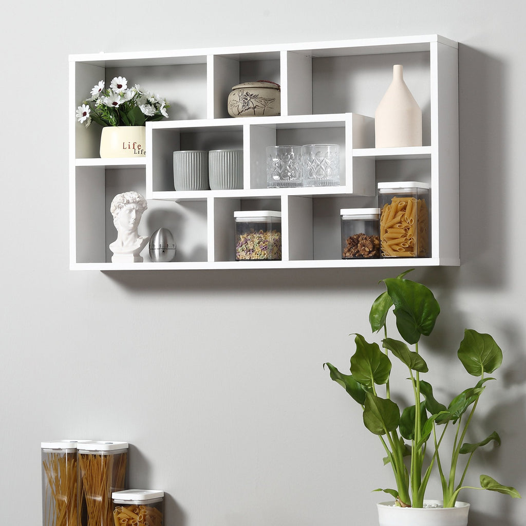 Easycomfort Pensile Libreria da Parete Sospesa 8 Vani in 3 Diverse Dimensioni, Mensola da Muro Design Antiribaltamento Pannelli di Truciolare white 85x14.5x47.5cm Capacità: 20kg