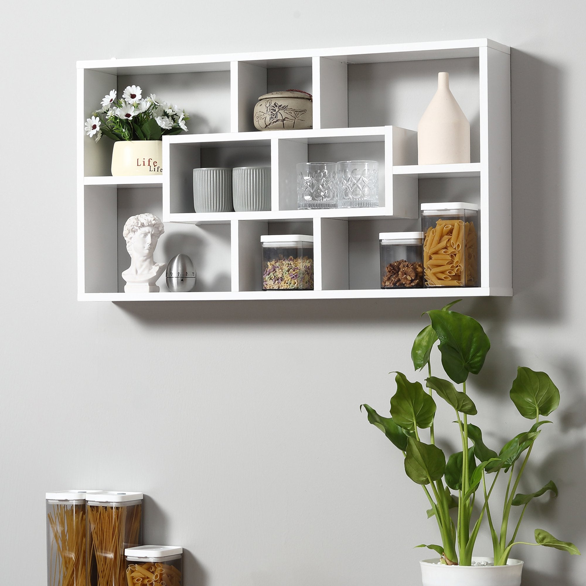 Easycomfort Pensile Libreria da Parete Sospesa 8 Vani in 3 Diverse Dimensioni, Mensola da Muro Design Antiribaltamento Pannelli di Truciolare white 85x14.5x47.5cm Capacità: 20kg