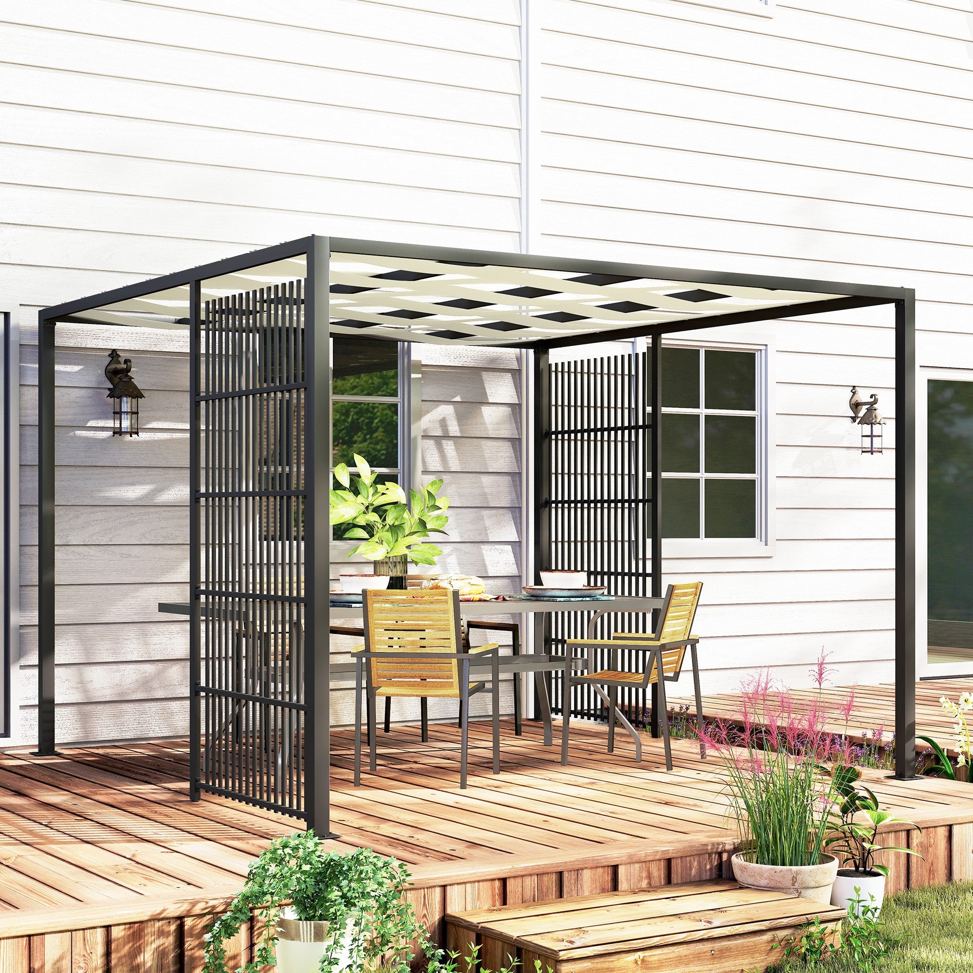 EasyComfort Pergola 3x3 m Gazebo met golvend dak en zijpanelen, zwart