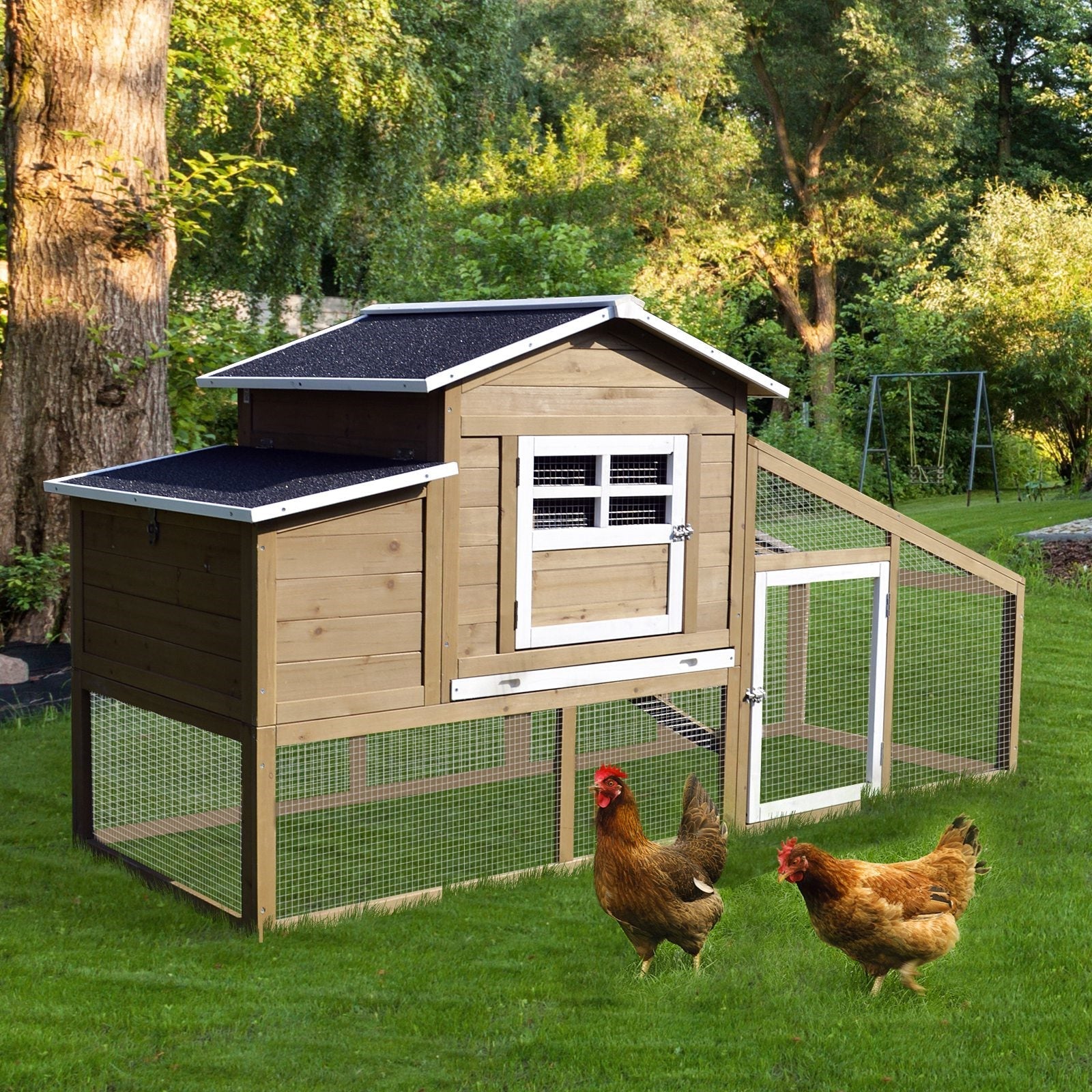 EASYCOMFORT Outdoor Chicken Coop for Laying Hens with Running Area, Nesting Area and Removable Wooden Garden Tray, 200x80x105 cm