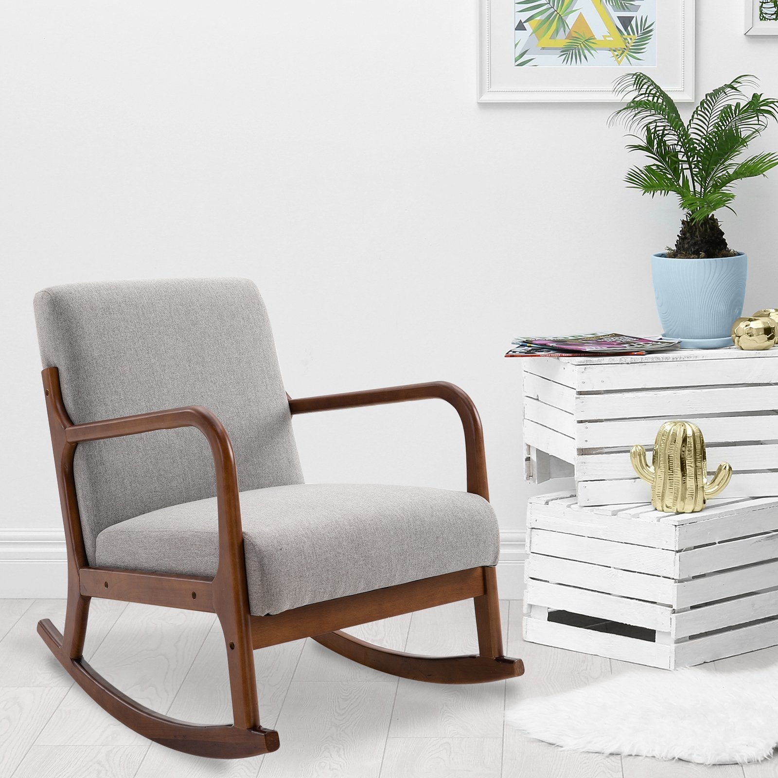 EasyComfort Schommelstoel gestoffeerd vintage eucalyptushout & linnen 64x86x80 cm