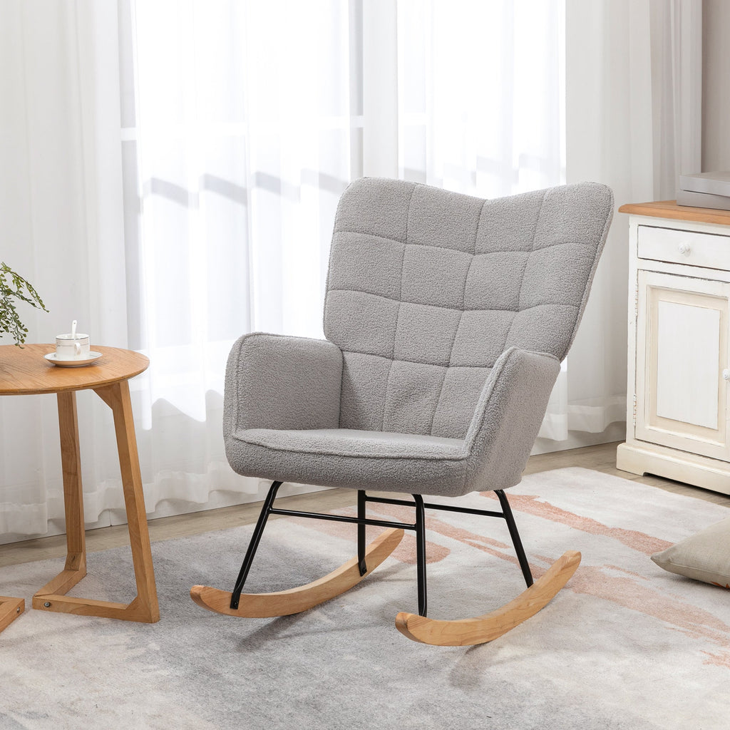 EasyComfort Poltrona a Dondolo Imbottita in Legno e Acciaio with Rivestimento Bouclé, 71x98x101 cm, Grigio