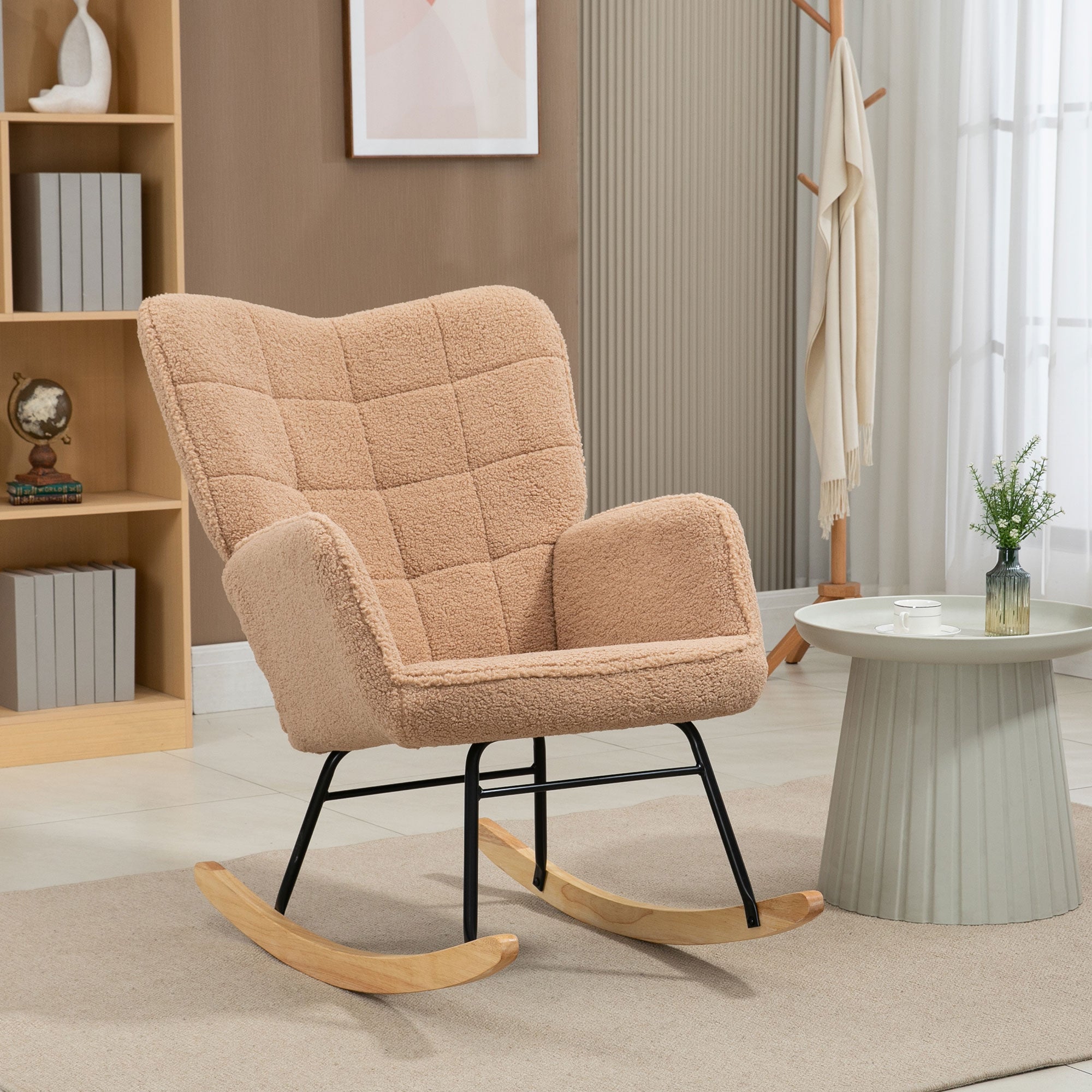 EasyComfort Poltrona a Dondolo Imbottita in Legno e Acciaio with Rivestimento Bouclé, 71x98x101 cm, Marrone
