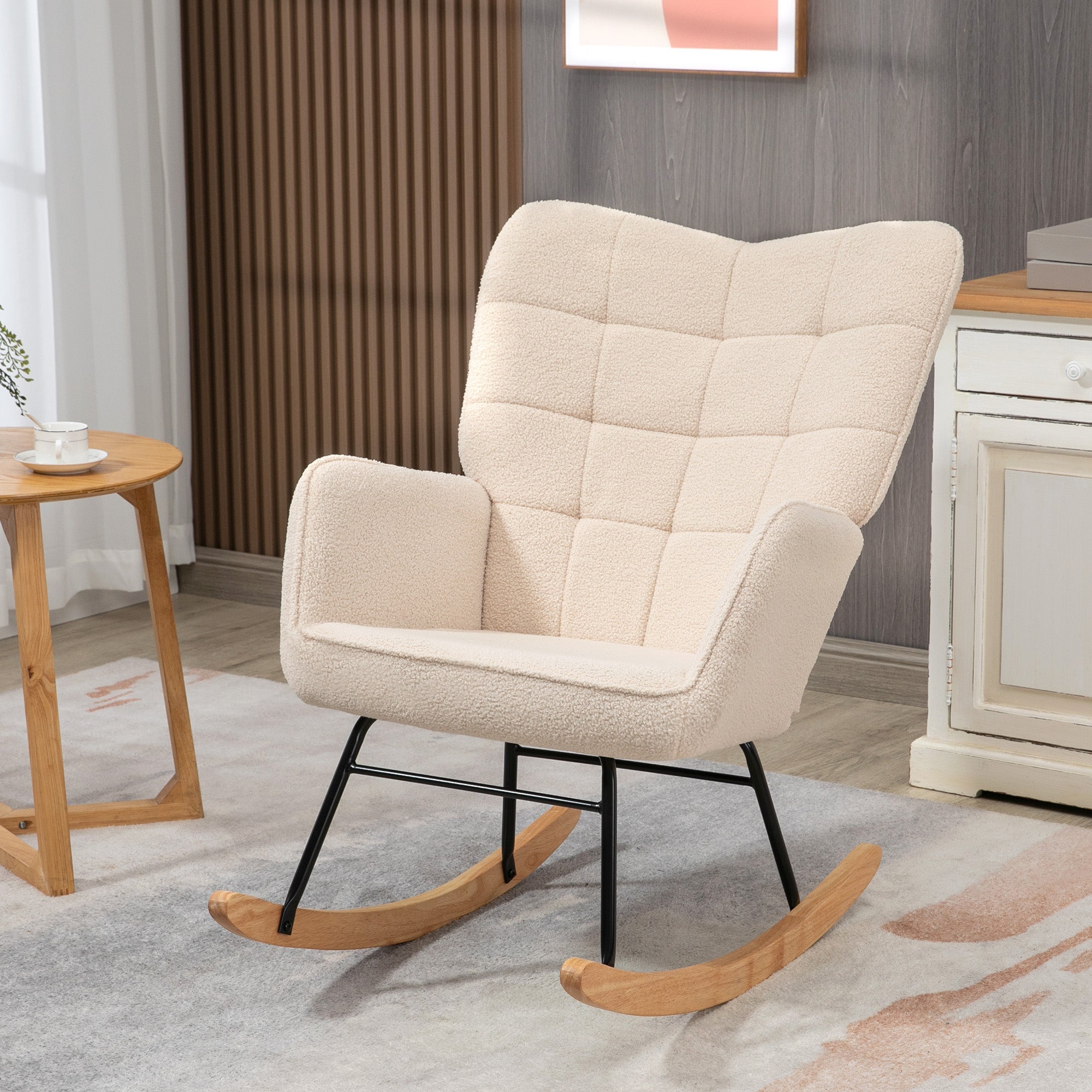 EasyComfort Poltrona a Dondolo Imbottita in Legno e Acciaio per Soggiorno e Camera da Letto, 71x98x101 cm, Beige