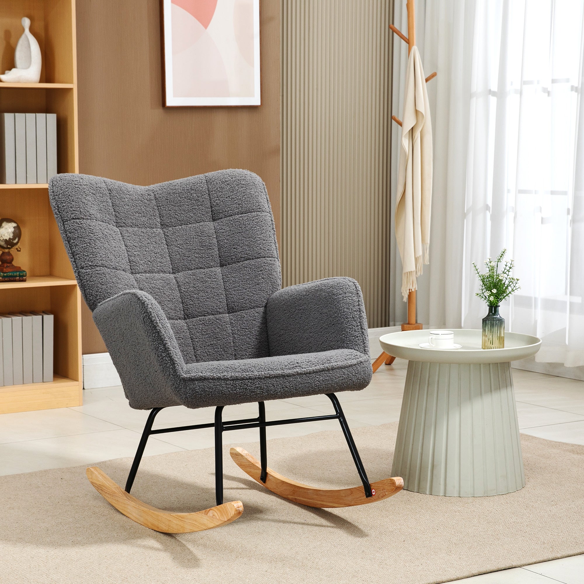 EasyComfort Poltrona a Dondolo Imbottita in Legno e Acciaio per Soggiorno e Camera da Letto, 71x98x101 cm, Grigio Scuro