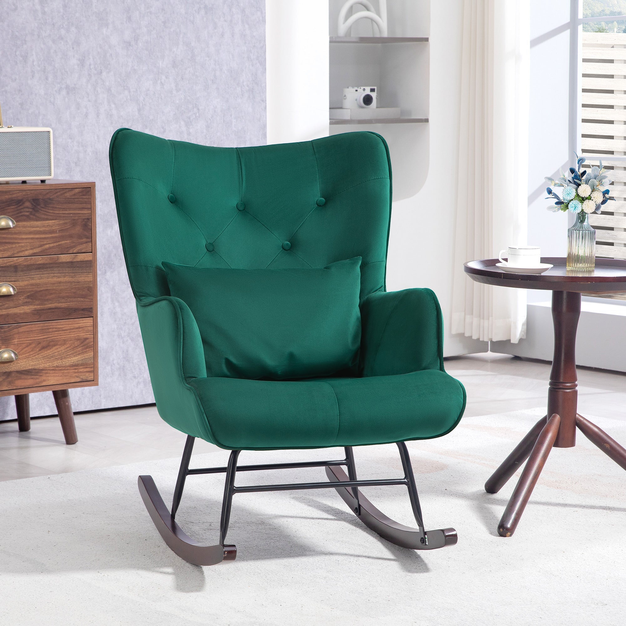 EasyComfort Fauteuil schommelstoel fluweel hoge rug met kussen, groen