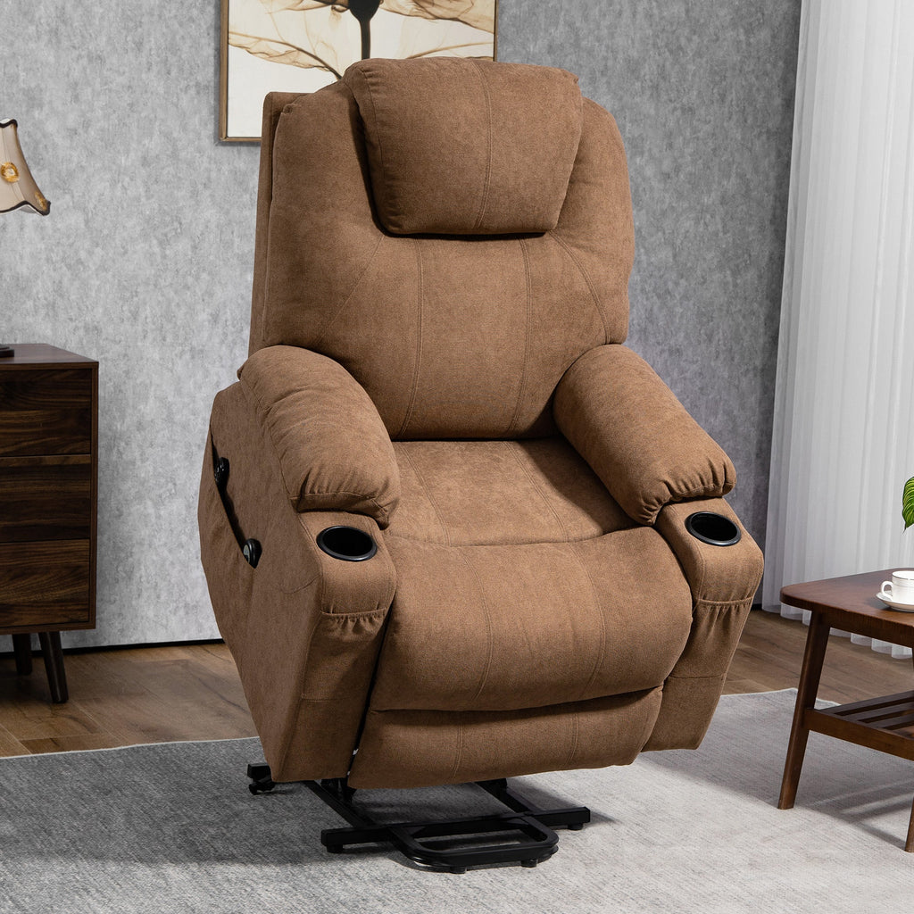 EasyComfort Poltrona Alzapersona Massaggiante a 8 Punti with Telecomando, in Tessuto Effetto Lino, 90x101x107 cm, Caffè