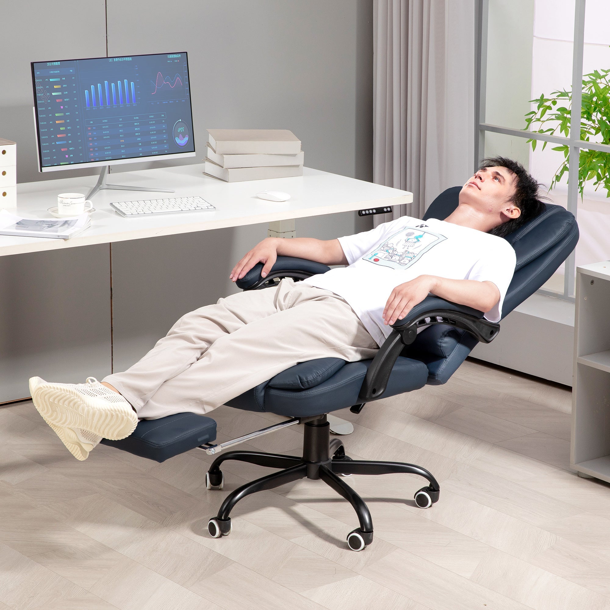 EasyComfort bureaustoel met 7 massagepunten en voetensteun, 67x67x111-121 cm, Blauw