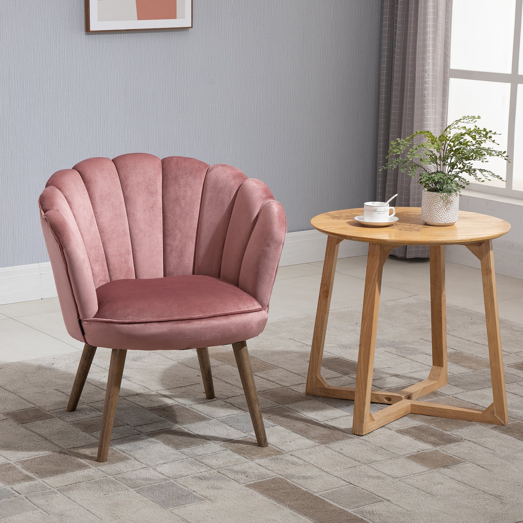 Easycomfort Poltrona Imbottita with Schienale a Conchiglia e Gambe in Legno, Poltrona in Velluto per Salotto e Camera, 66x66x78.5cm, Rosa
