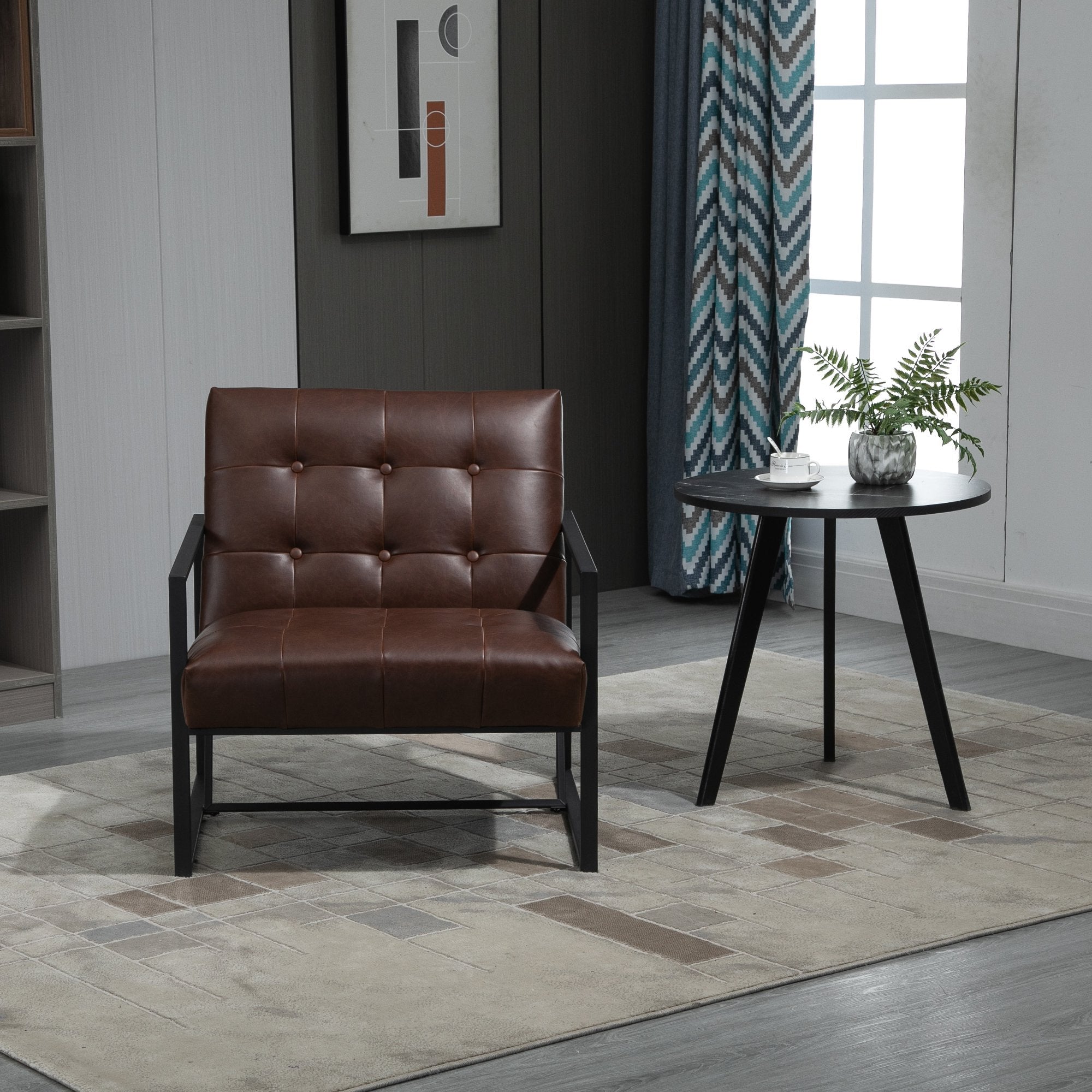 Easycomfort Poltrona Imbottita Stile Industriale Trapuntata a Bottoni, Arredamento Moderno Poltroncina da Ingresso in Metallo e PU, 75x81x78cm Marrone