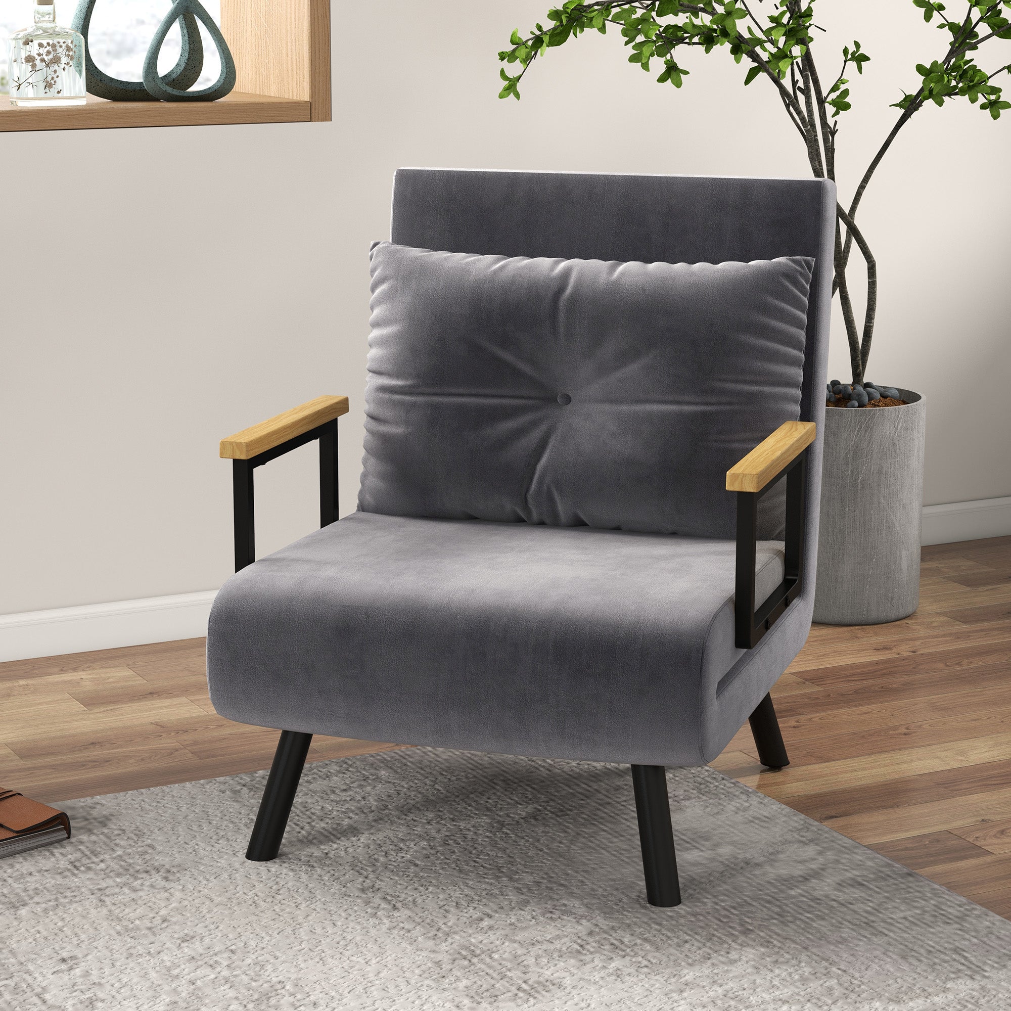 EasyComfort Poltrona Letto 3 in 1 with Schienale Reclinabile in 5 Posizioni e Cuscino, 63x73x81 cm, Grigio Scuro
