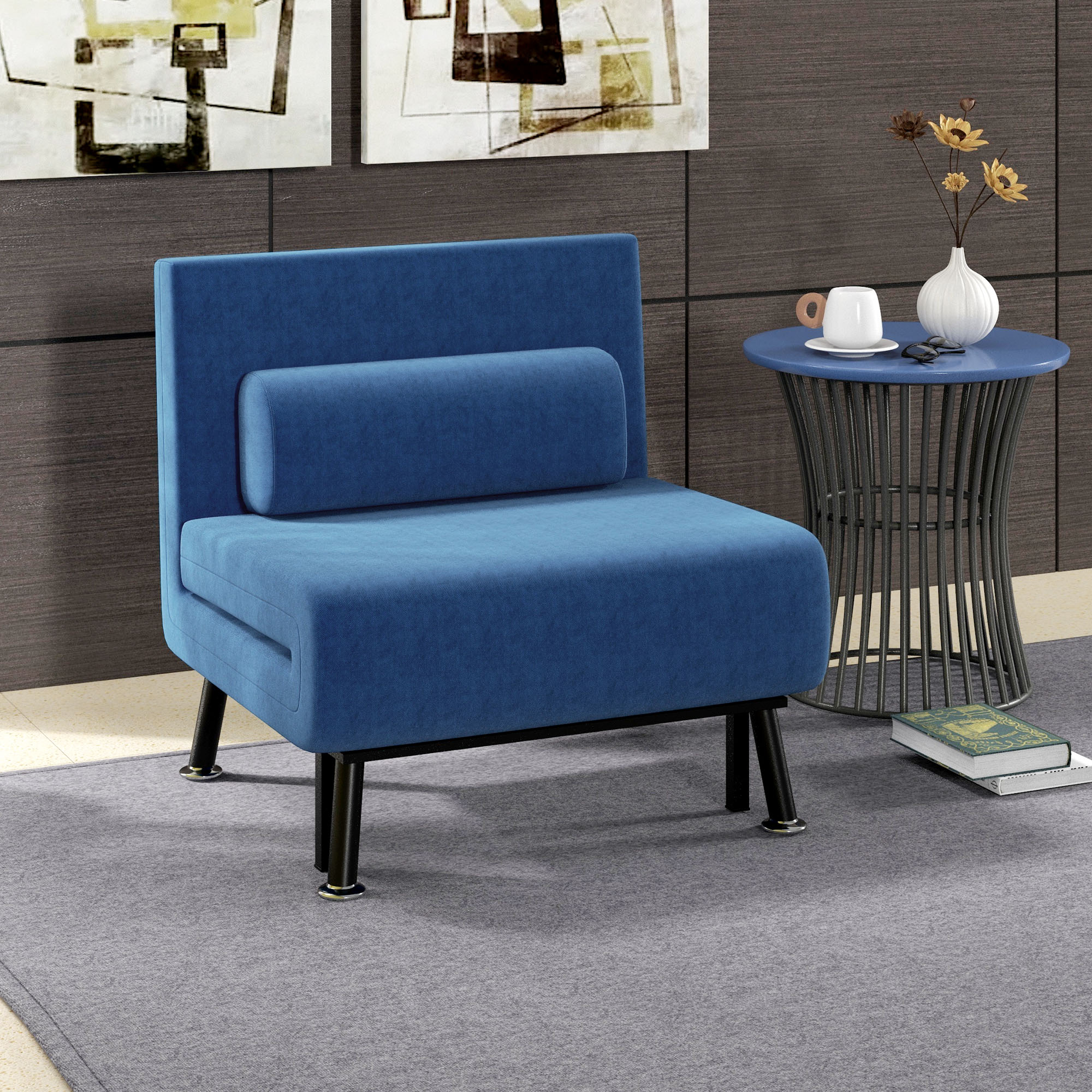 EasyComfort Poltrona Letto with Schienale Regolabile in 5 Posizioni, in Tessuto Effetto Lino e Acciaio, 75x70x75 cm, Blu Scuro