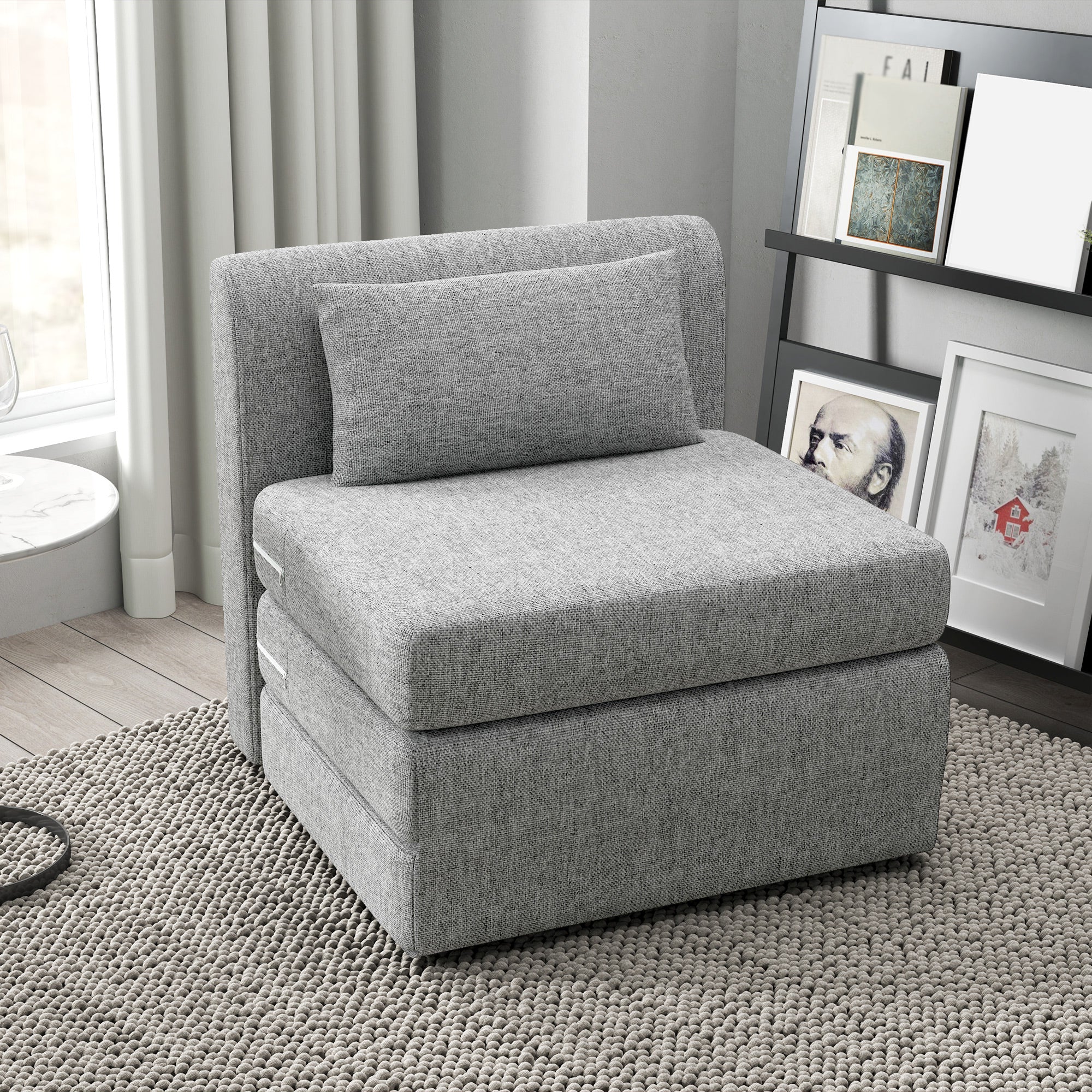 EasyComfort Poltrona Letto Pieghevole da Terra a 3 Sezioni Salvaspazio in Tessuto, 80x75x74 cm, Grigio