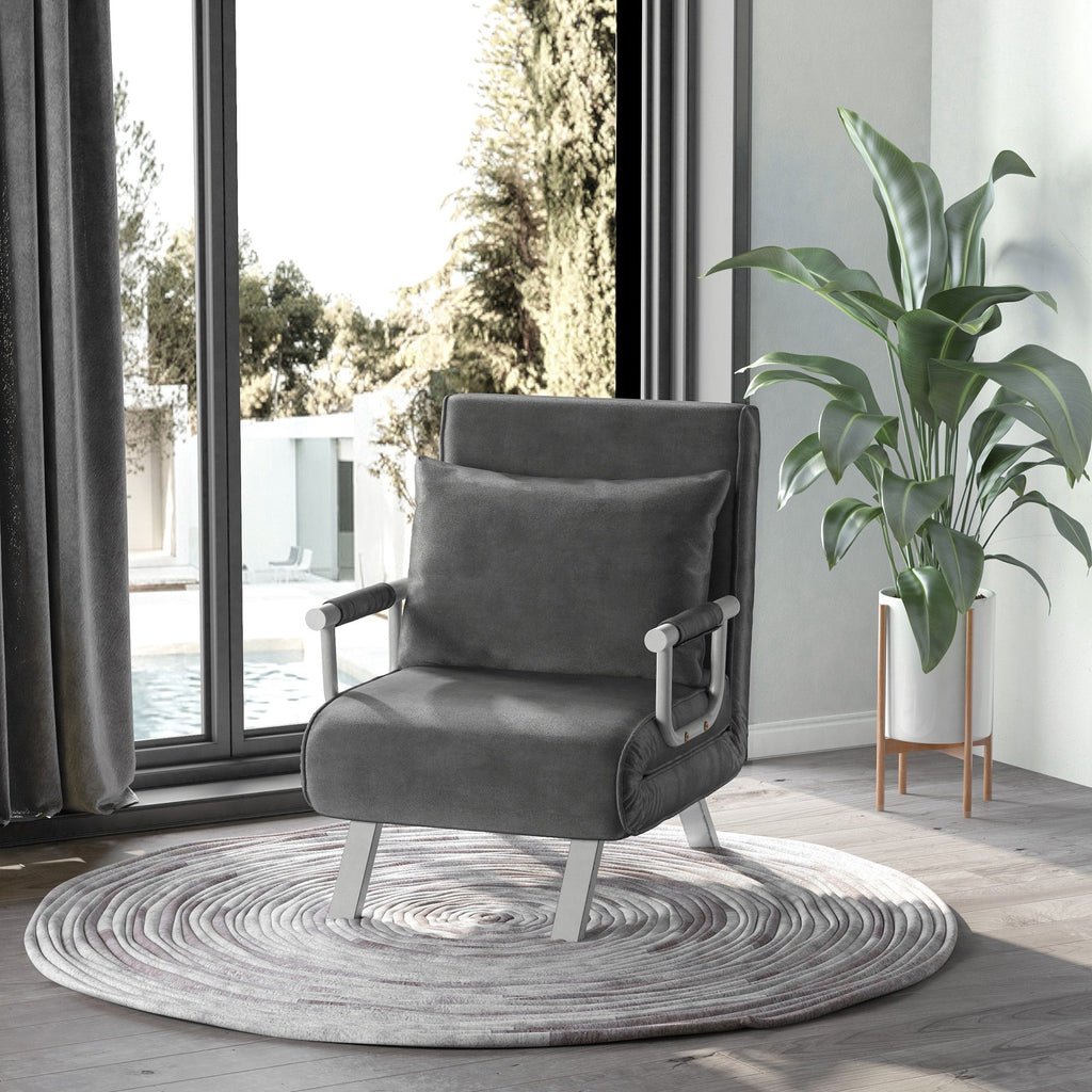 Easycomfort Poltrona Letto Singolo 3 in 1 with Schienale Reclinabile su 5 Livelli e Cuscino, Divano Letto Singolo Pieghevole per Soggiorno e Salotto in Pelle Scamosciata e Metallo, 65x69x80 cm, Grigio
