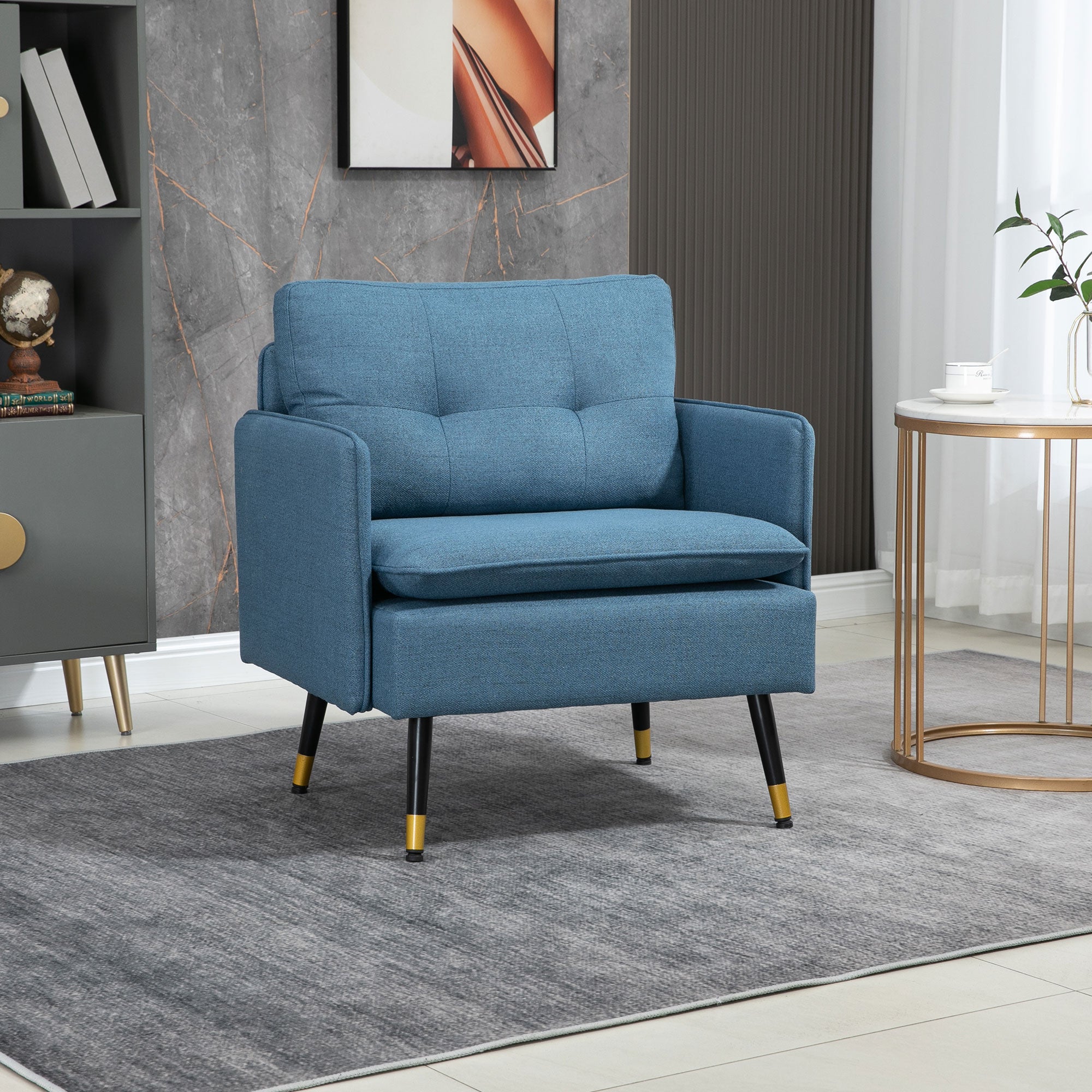 Easycomfort Poltrona Moderna da Soggiorno e Camera da Letto with Seduta Imbottita e Tessuto Effetto Lino, 76x68x80 cm, Blu