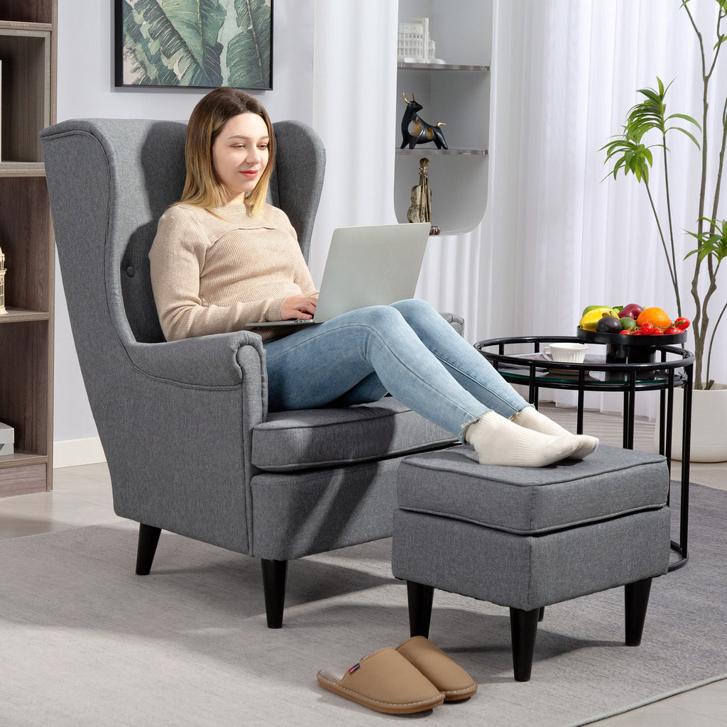EasyComfort Poltrona per Salotto in Tessuto with Pouf Poggiapiedi, Schienale Alto e Cuscino, 75x83x104 cm, Grigio