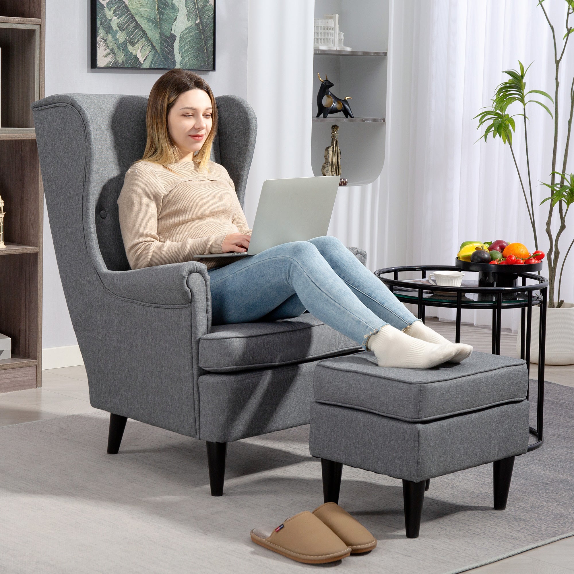 EasyComfort Poltrona per Salotto in Tessuto with Pouf Poggiapiedi, Schienale Alto e Cuscino, 75x83x104 cm, Grigio