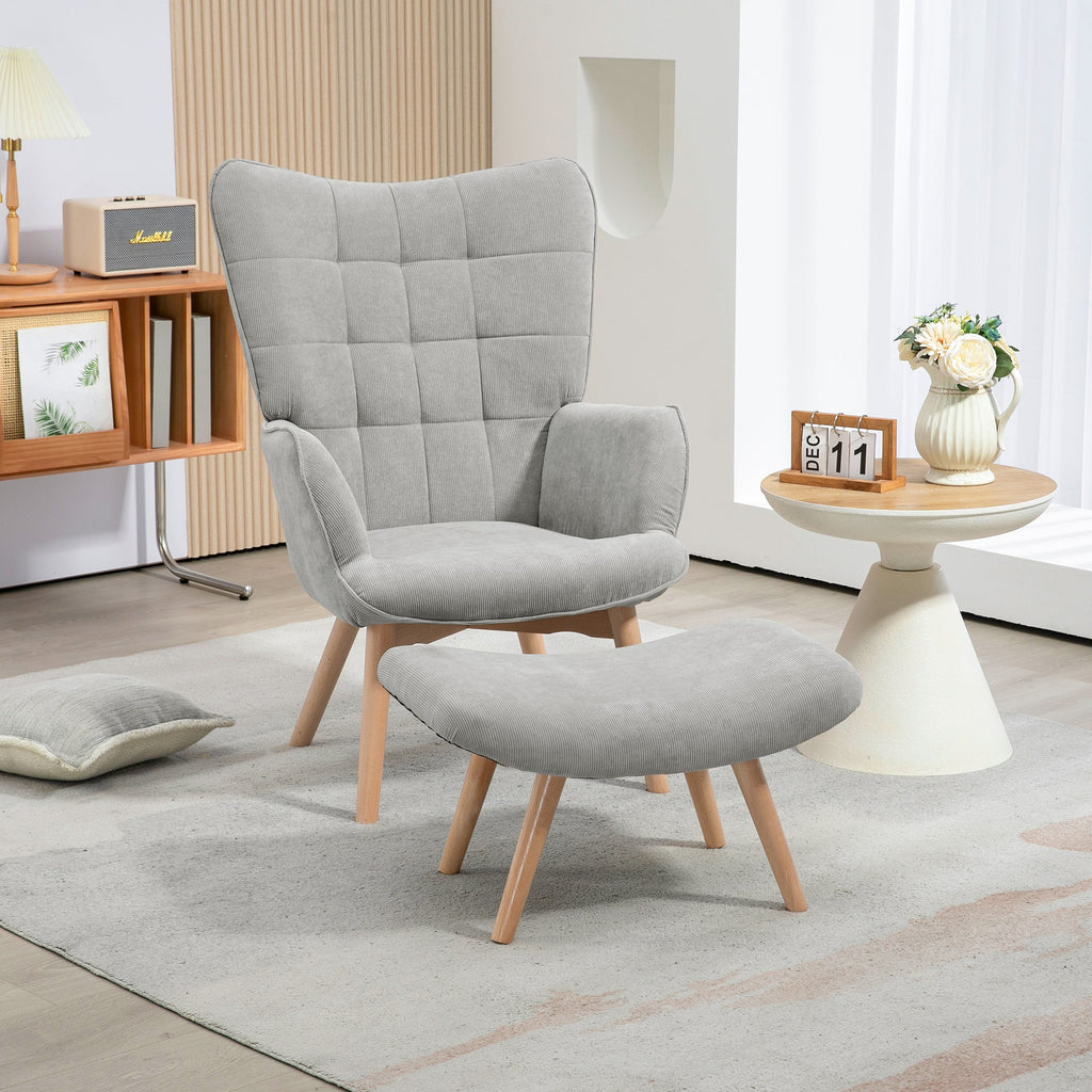 EasyComfort Relaxfauteuil met poef, ribfluweel, hoge rugleuning, grijs