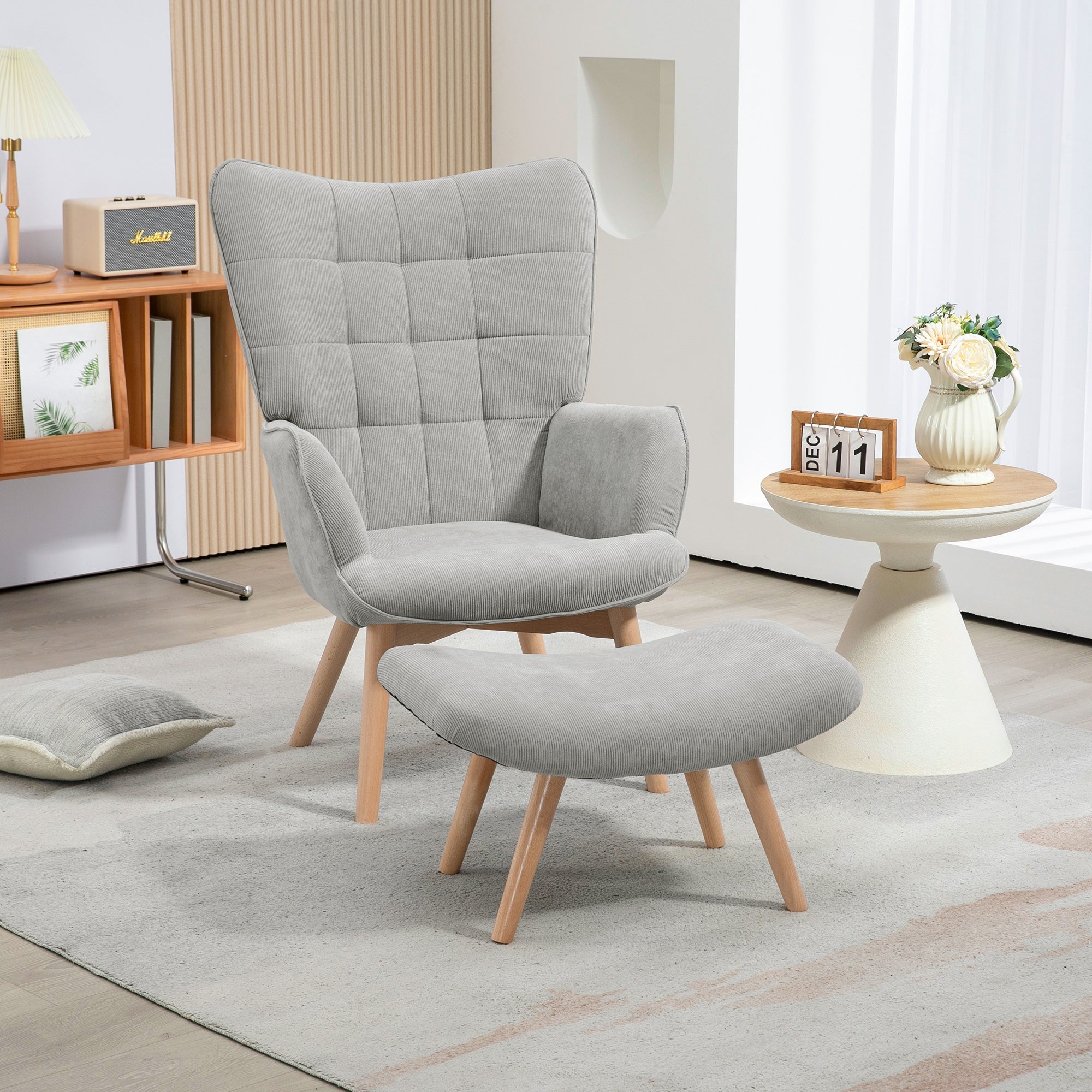 EasyComfort Relaxfauteuil met poef, ribfluweel, hoge rugleuning, grijs