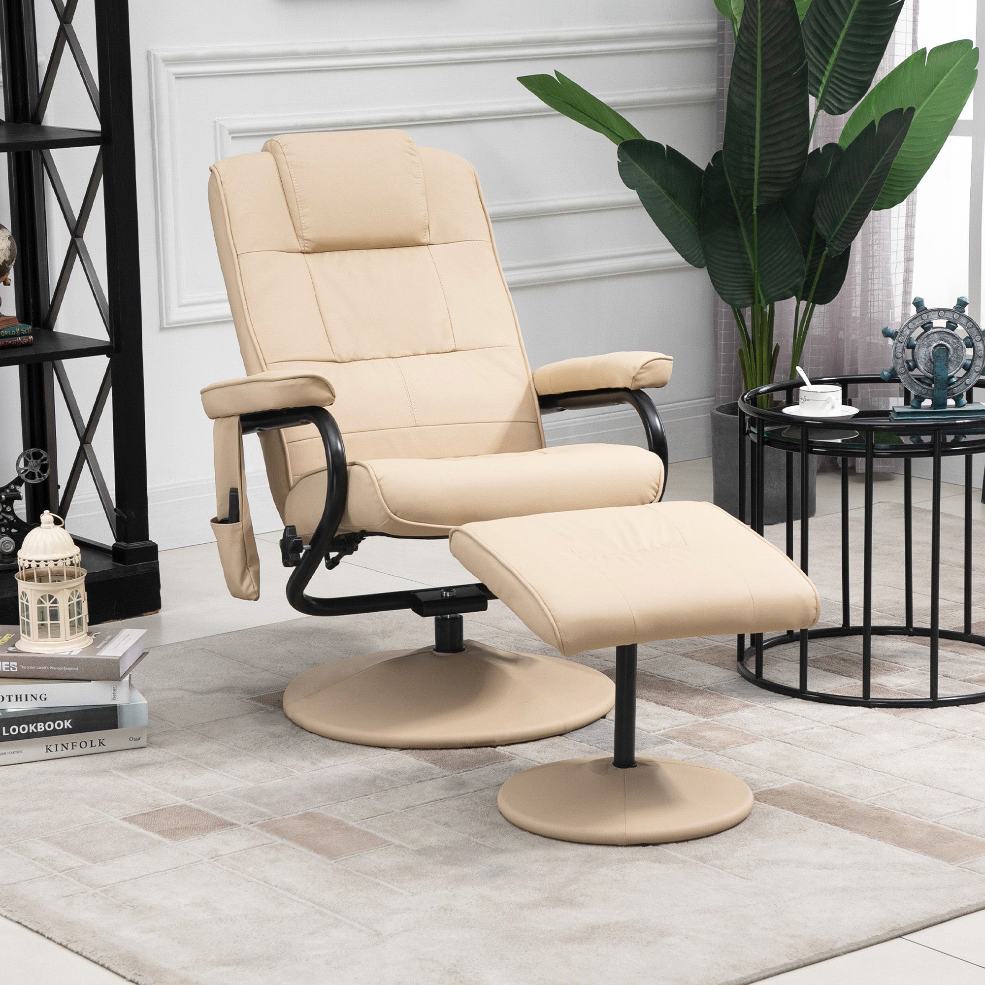 EasyComfort Poltrona Relax with Pouf Poggiapiedi Reclinabile a 145° with 10 Punti Massaggio e Telecomando in Finta Pelle, Crema