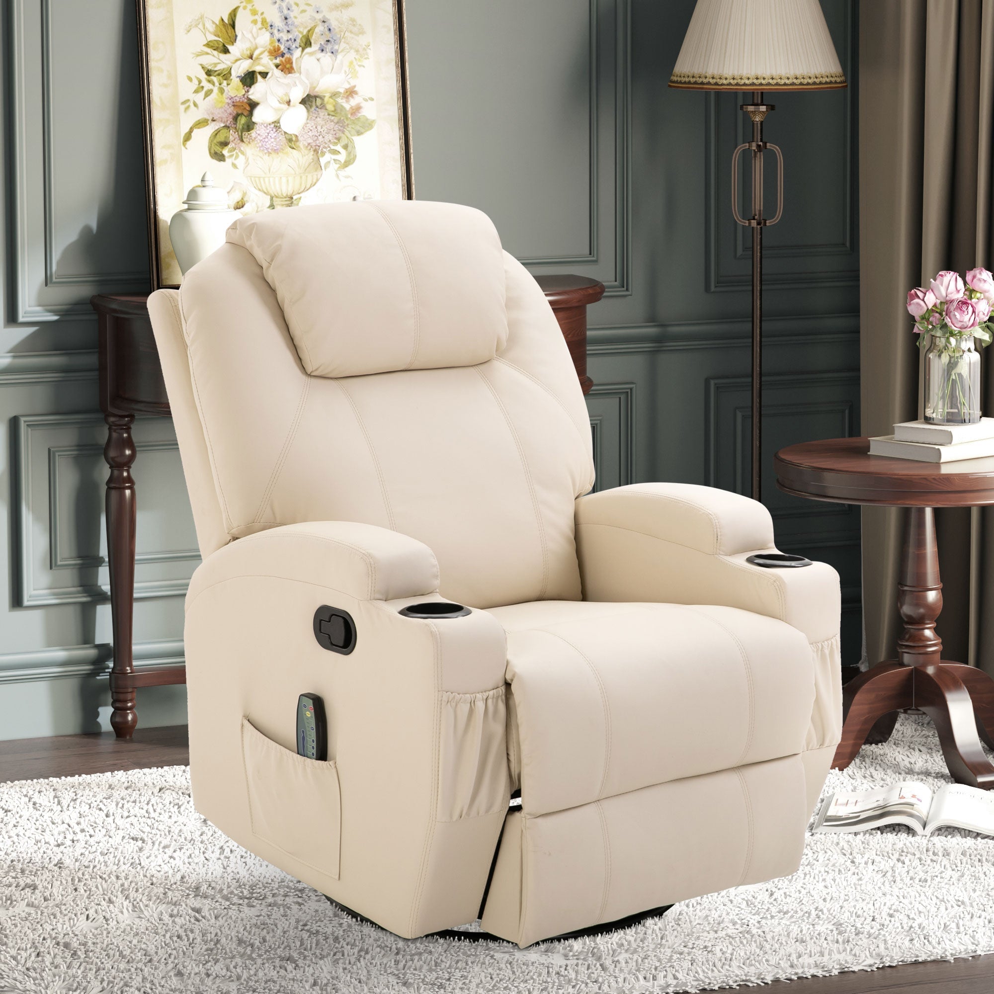 Easycomfort Poltrona Relax Elettrica Reclinabile Girevole with 2 Portabicchieri, Telecomando, Poggiapiedi e 4 Tasche Laterali, in Pelle PU, Legno e Acciaio, Crema