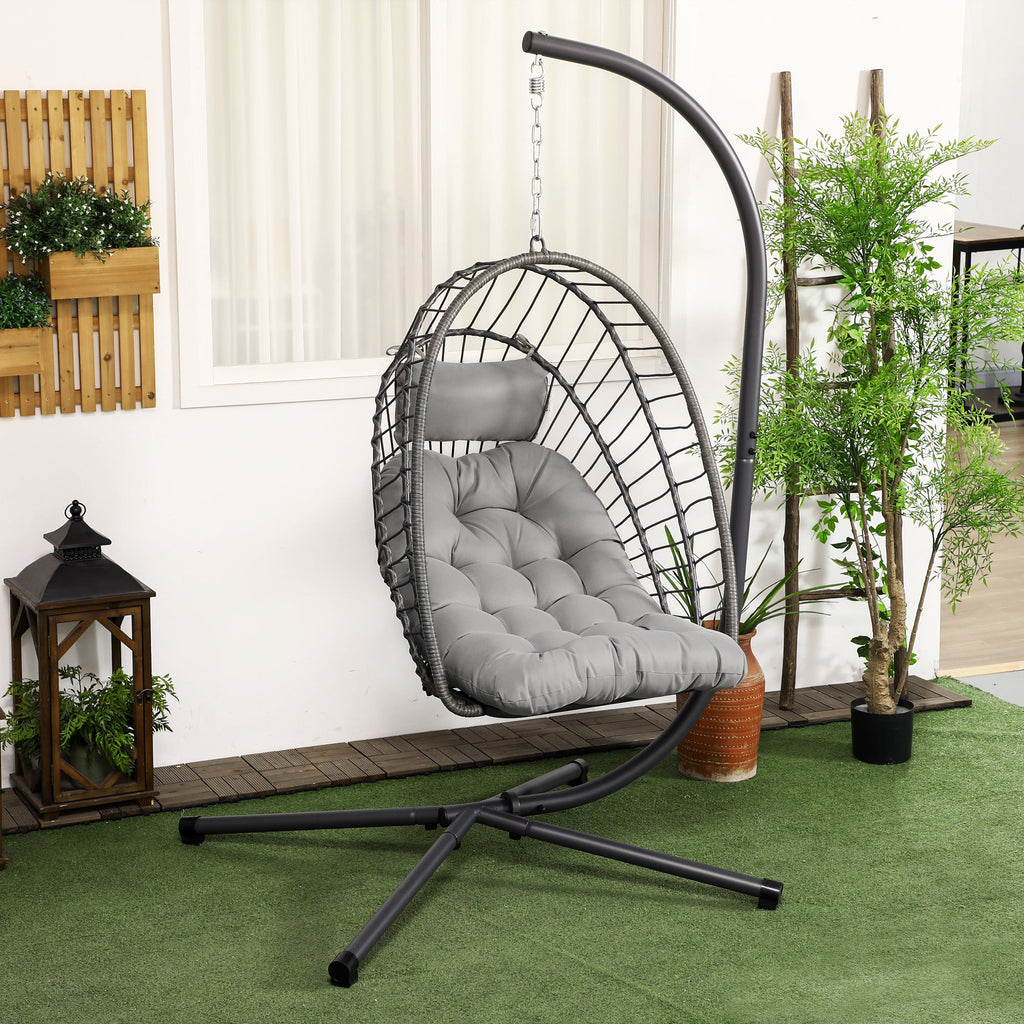 EasyComfort Hangstoel PE-rattan inklapbaar met kussen, staal, grijs