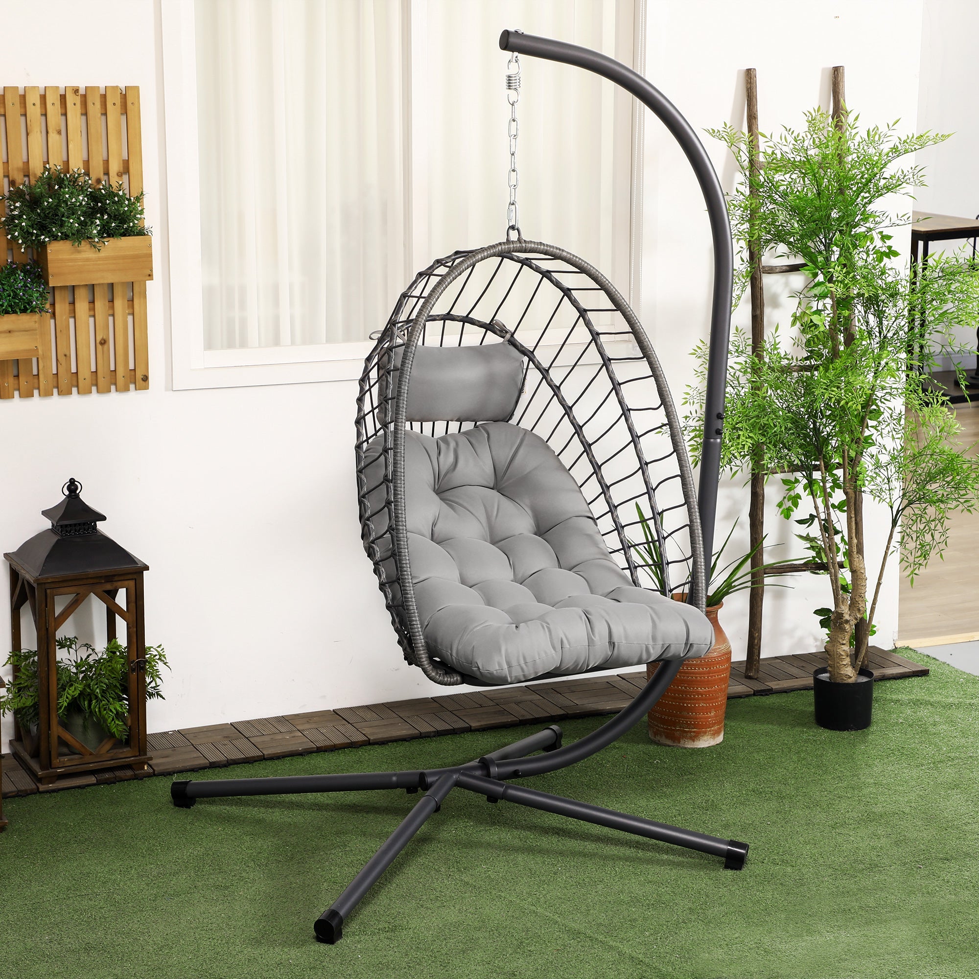 EasyComfort Hangstoel PE-rattan inklapbaar met kussen, staal, grijs