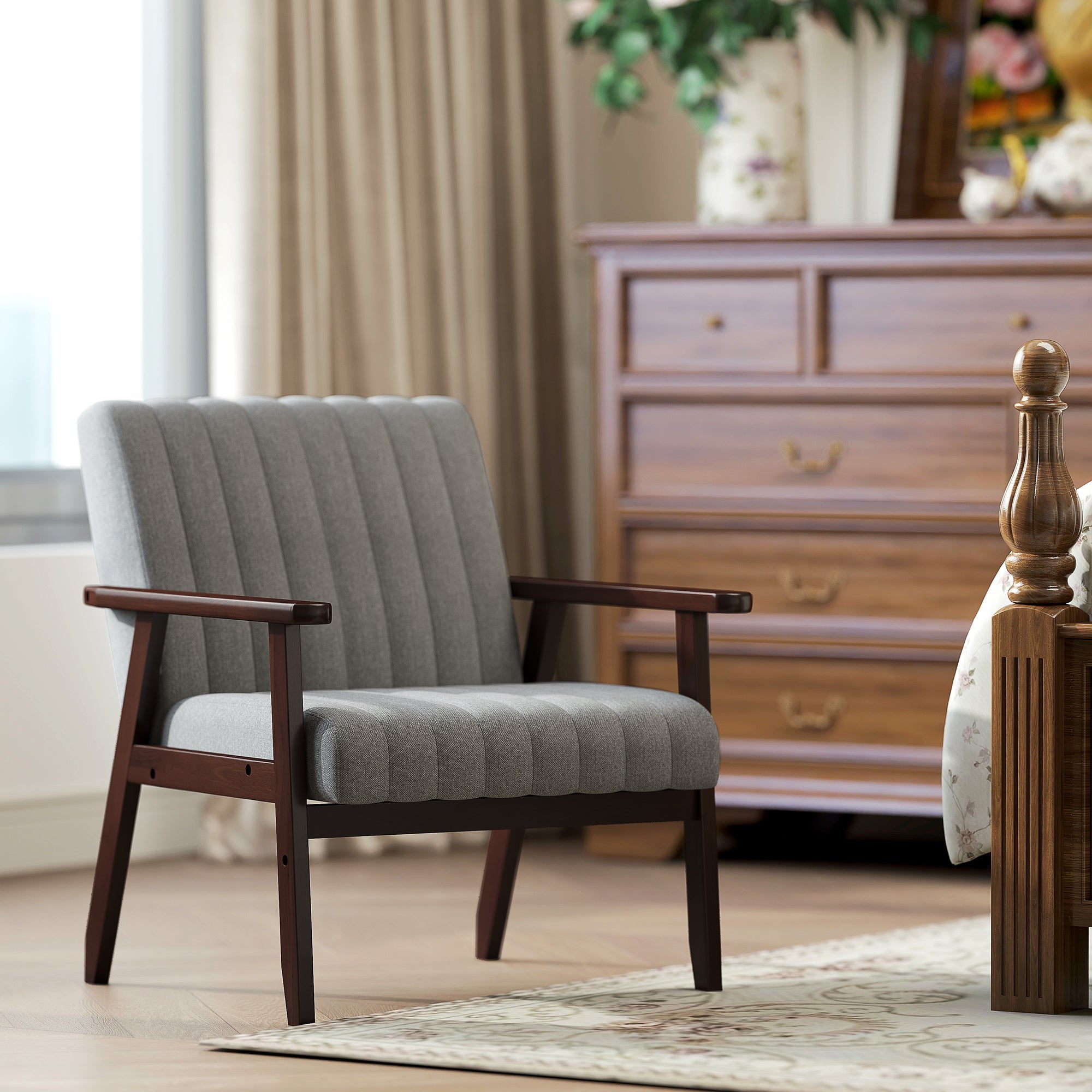EasyComfort Moderne gestoffeerde fauteuil van stof en hout, grijs