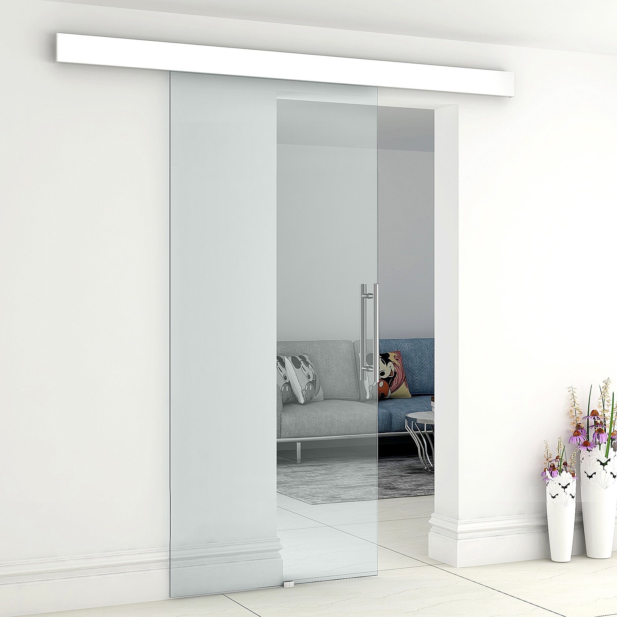 Easycomfort Porta Scorrevole in Vetro Trasparente with Binario e Maniglia in Alluminio per Bagno Cucina Studio 210x75x0.8cm