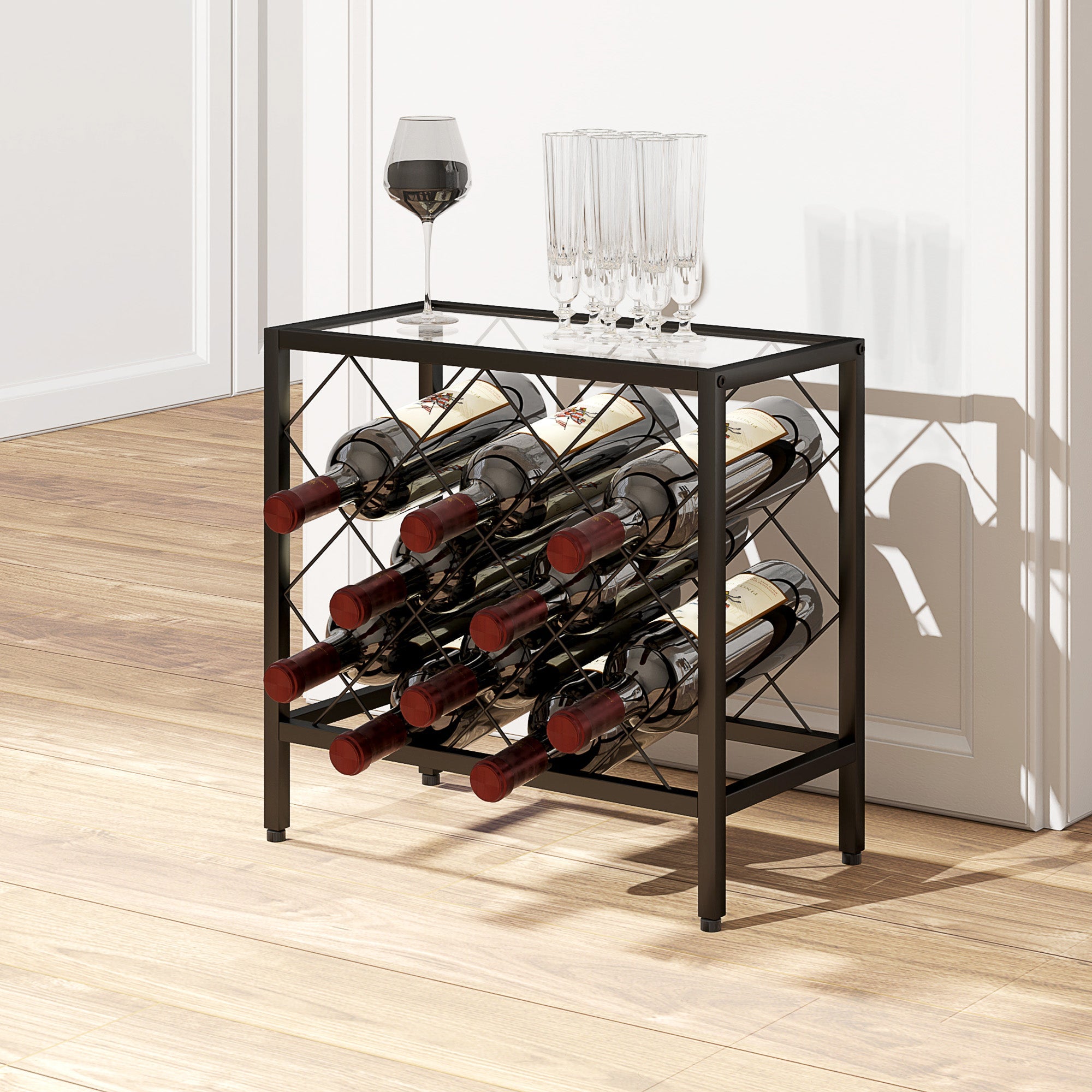 EasyComfort Portabottiglie Vini per 10 Bottiglie in Acciaio black with Piano d'Appoggio in Vetro Temperato, 41x22x41 cm