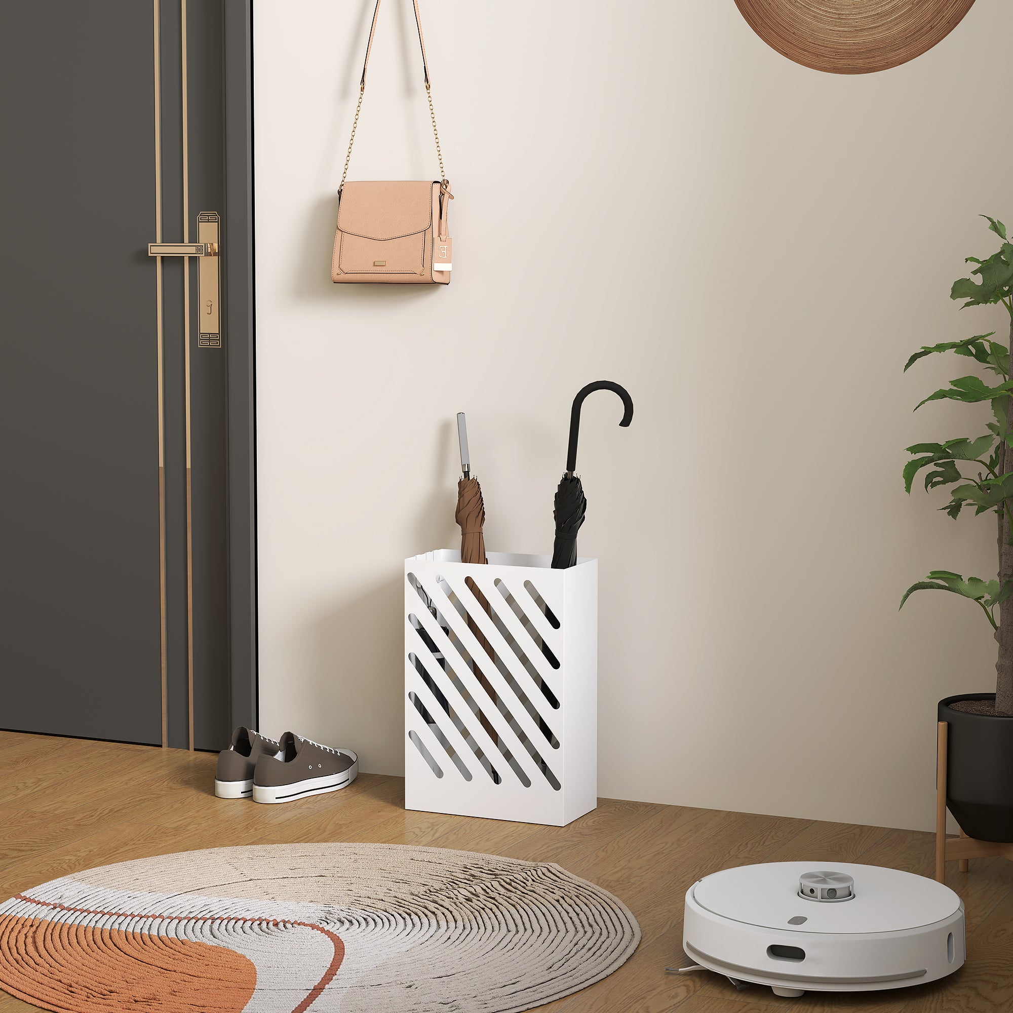 EasyComfort Portaombrelli di Design with Vaschetta Raccogli Gocce e 4 Ganci in Metallo, 28x14x41 cm, white