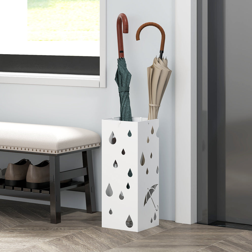 EasyComfort Portaombrelli in Metallo with 4 Ganci e Vaschetta Raccogligocce, 15.5x15.5x41cm, white