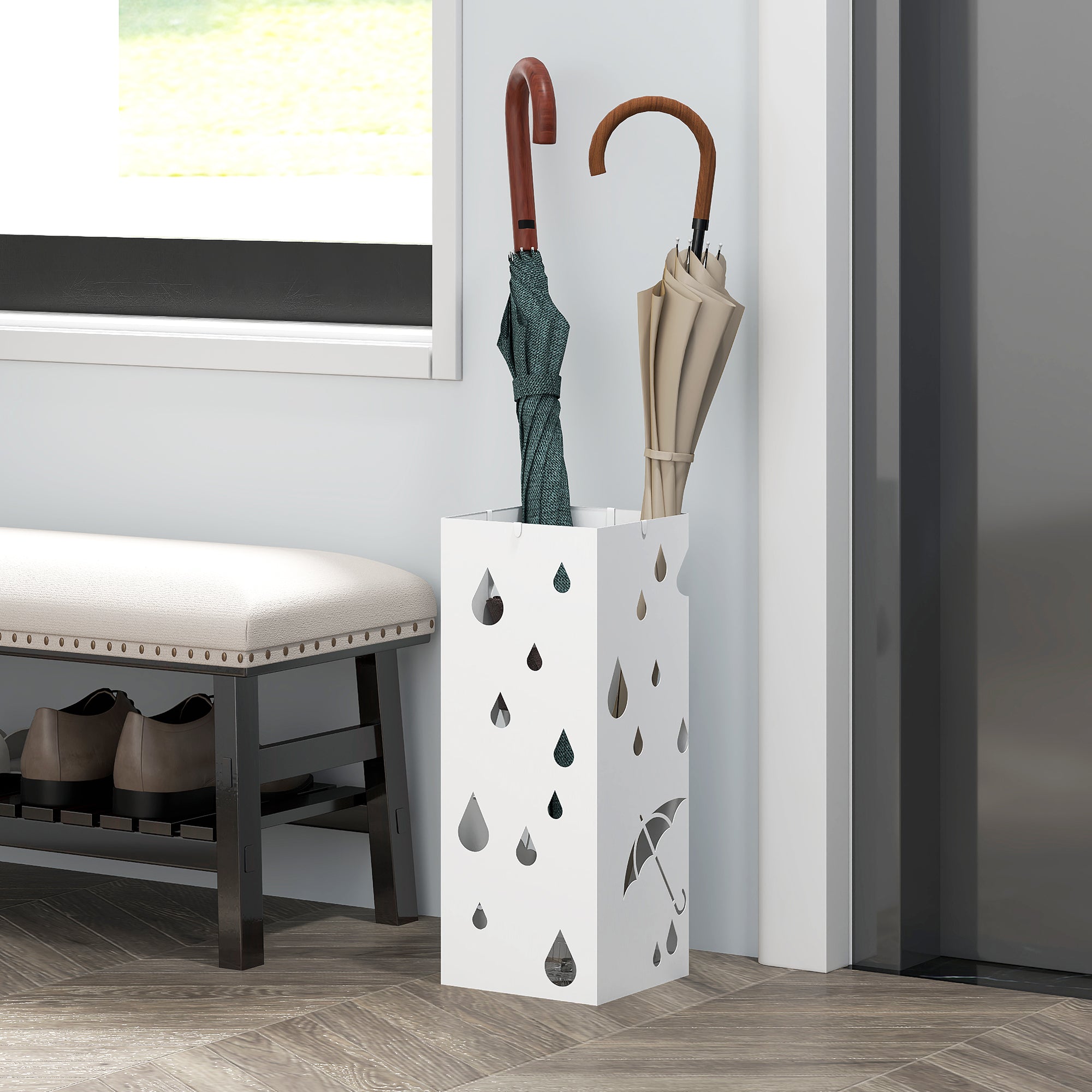 EasyComfort Portaombrelli in Metallo with 4 Ganci e Vaschetta Raccogligocce, 15.5x15.5x41cm, white