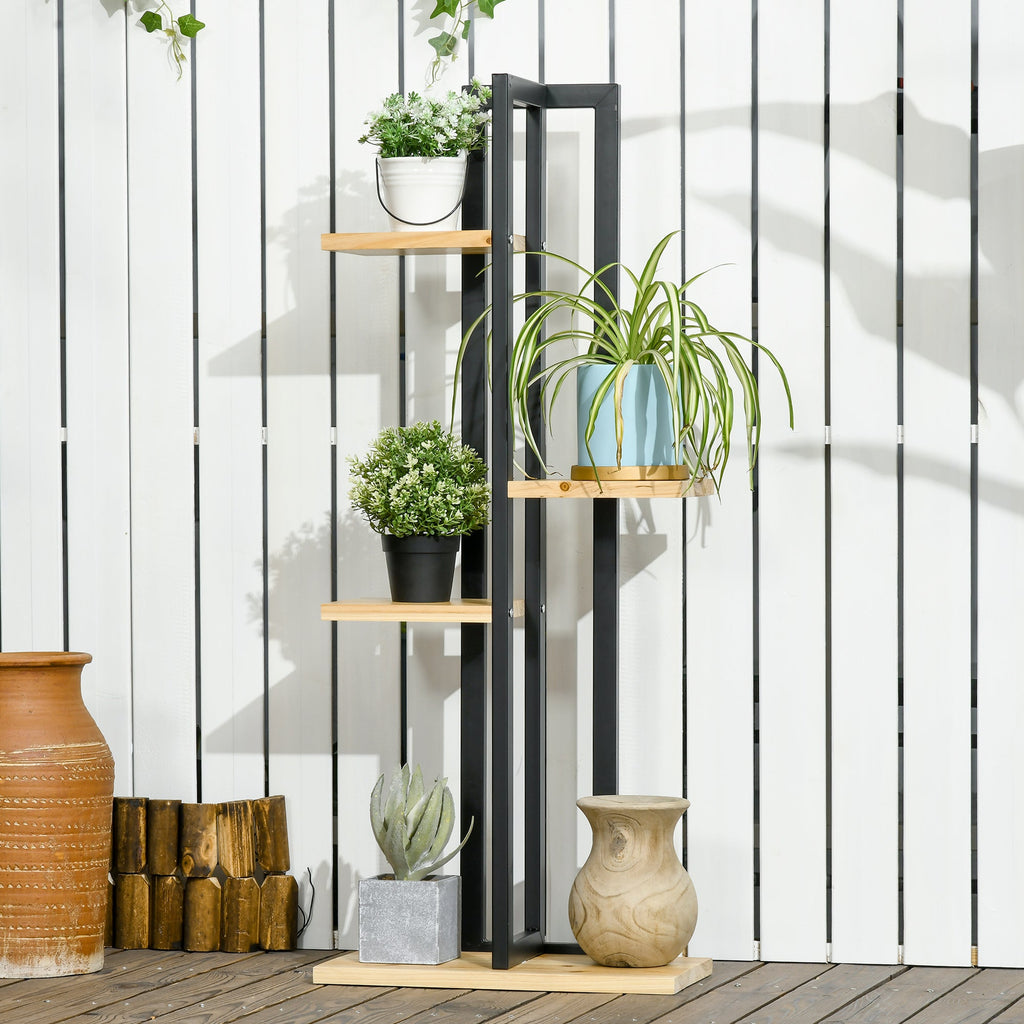 EasyComfort Plantenrek 4 niveaus 45x25x110 cm, zwart en houtkleur
