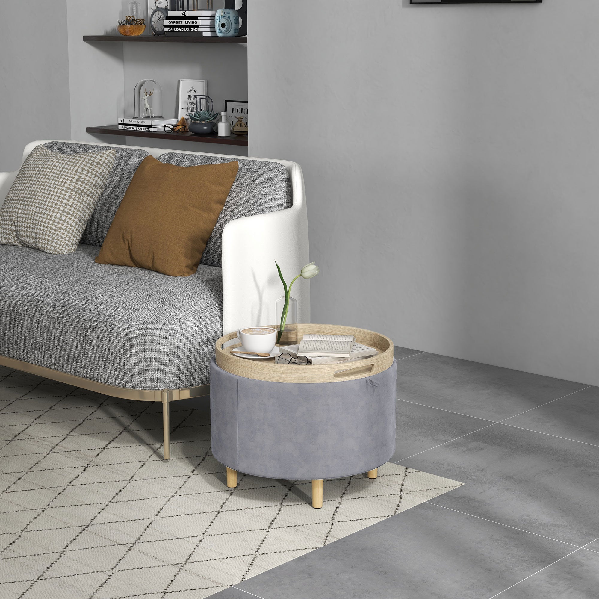 EasyComfort Pouf Contenitore Vellutato da 120 kg max with Vassoio a Ribalta, in MDF e Rovere, 56x56x42 cm, Grigio