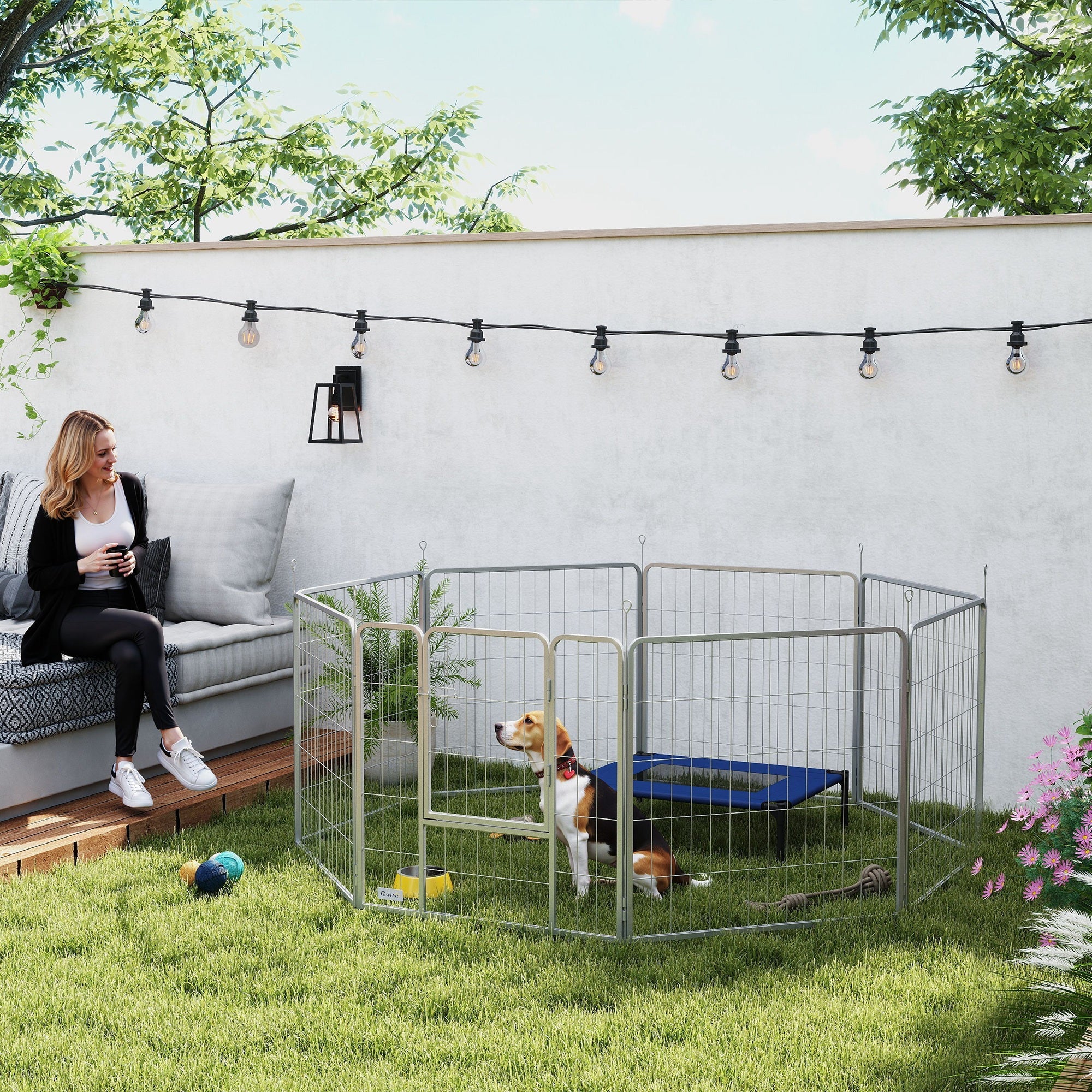 EasyComfort Recinto per Cani a 8 Pannelli Modulabili Pieghevole con Porta in Acciaio, Altezza 80 cm, Argento