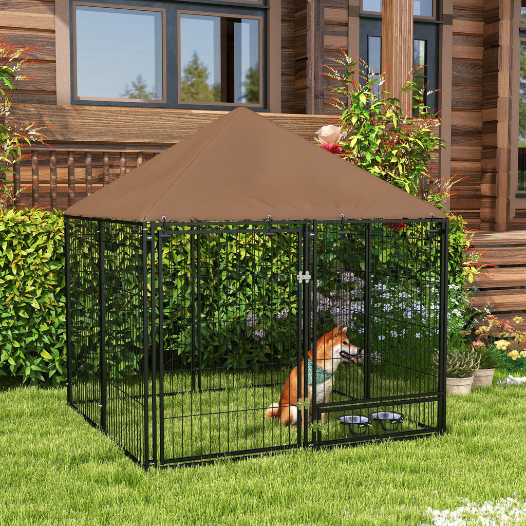 EasyComfort Recinto per Cani in Metallo e Tessuto Oxford con Porticina per Ciotole, 141x141x151 cm, Nero e Marrone