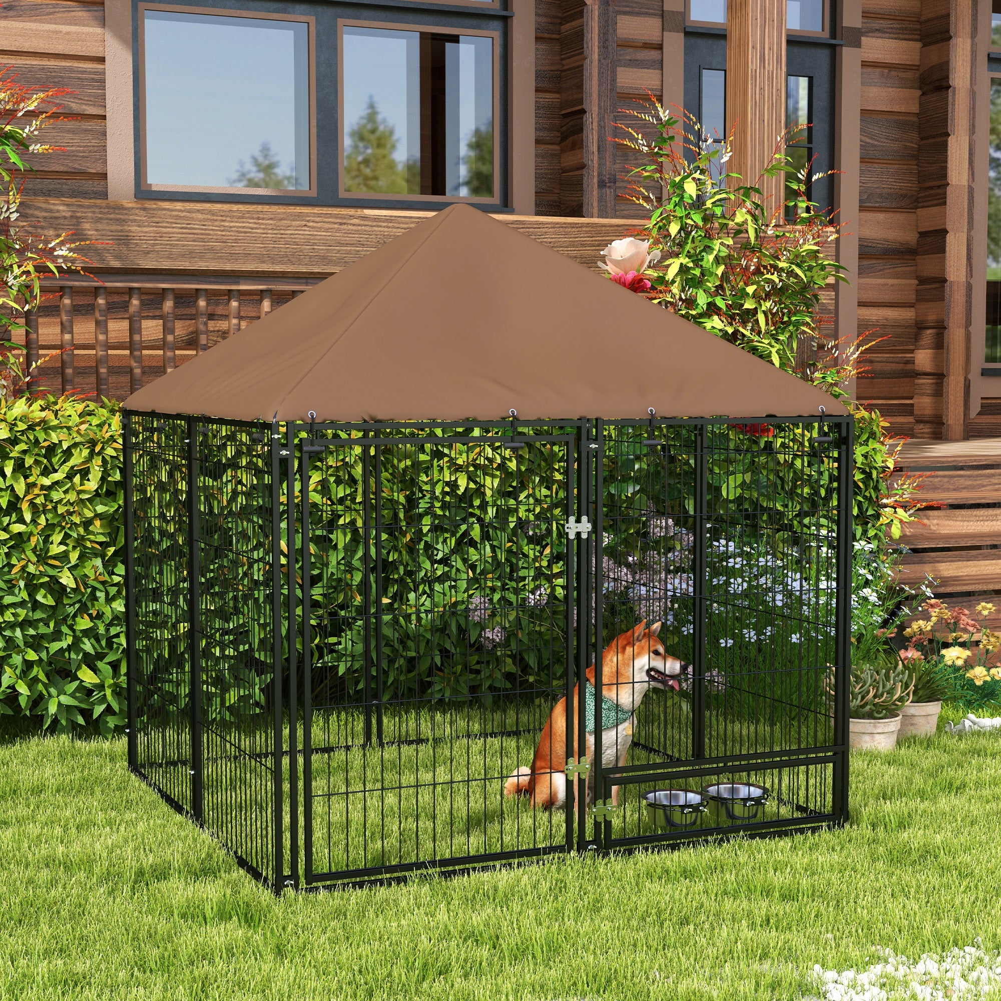 EasyComfort Recinto per Cani in Metallo e Tessuto Oxford con Porticina per Ciotole, 141x141x151 cm, Nero e Marrone