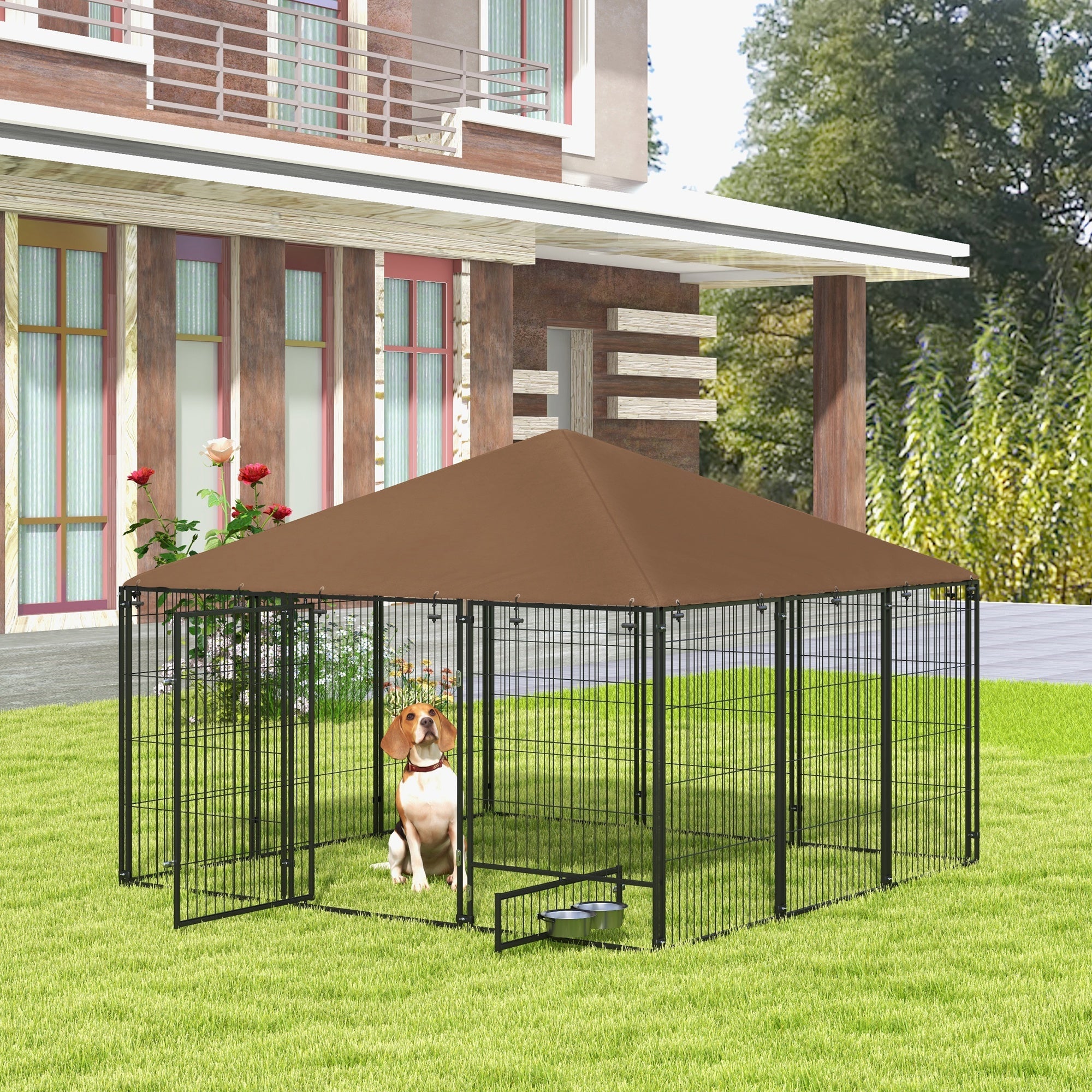 EasyComfort Recinto per Cani in Metallo e Tessuto Oxford con Porticina per Ciotole, 211x211x151 cm, Nero e Marrone