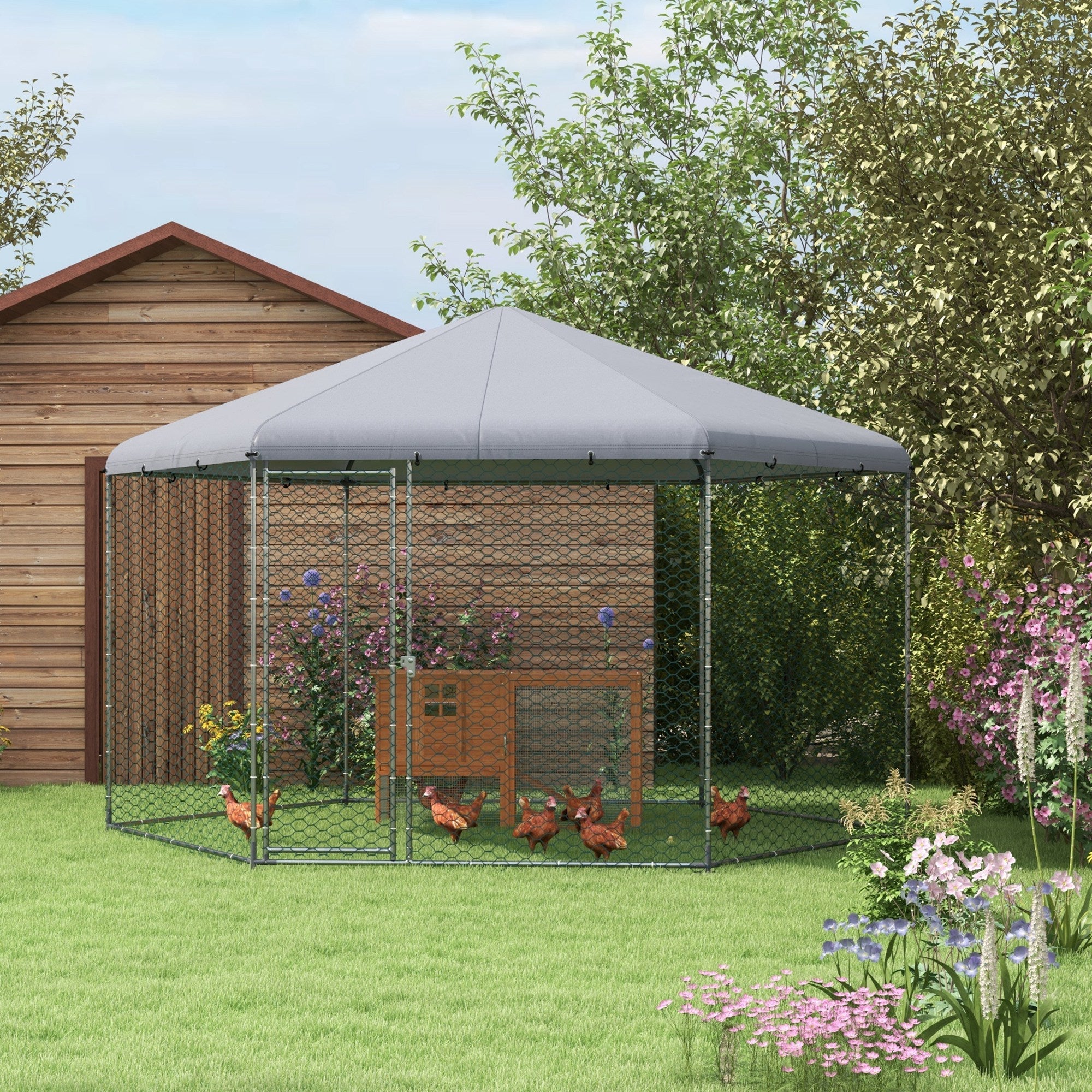 EasyComfort Recinto per Galline con Tetto e Porta Bloccabile in Acciaio per 10-15 Animali, 4x3.5x2.6m