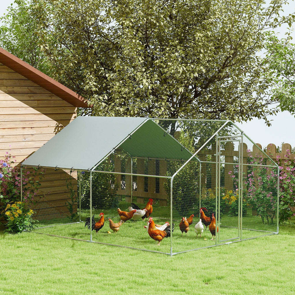 EasyComfort Recinto per Galline da 10.2m² per 10-15 Galline con Tetto Impermeabile, in Acciaio e Tessuto, 3x3.4x1.9 m, Argento