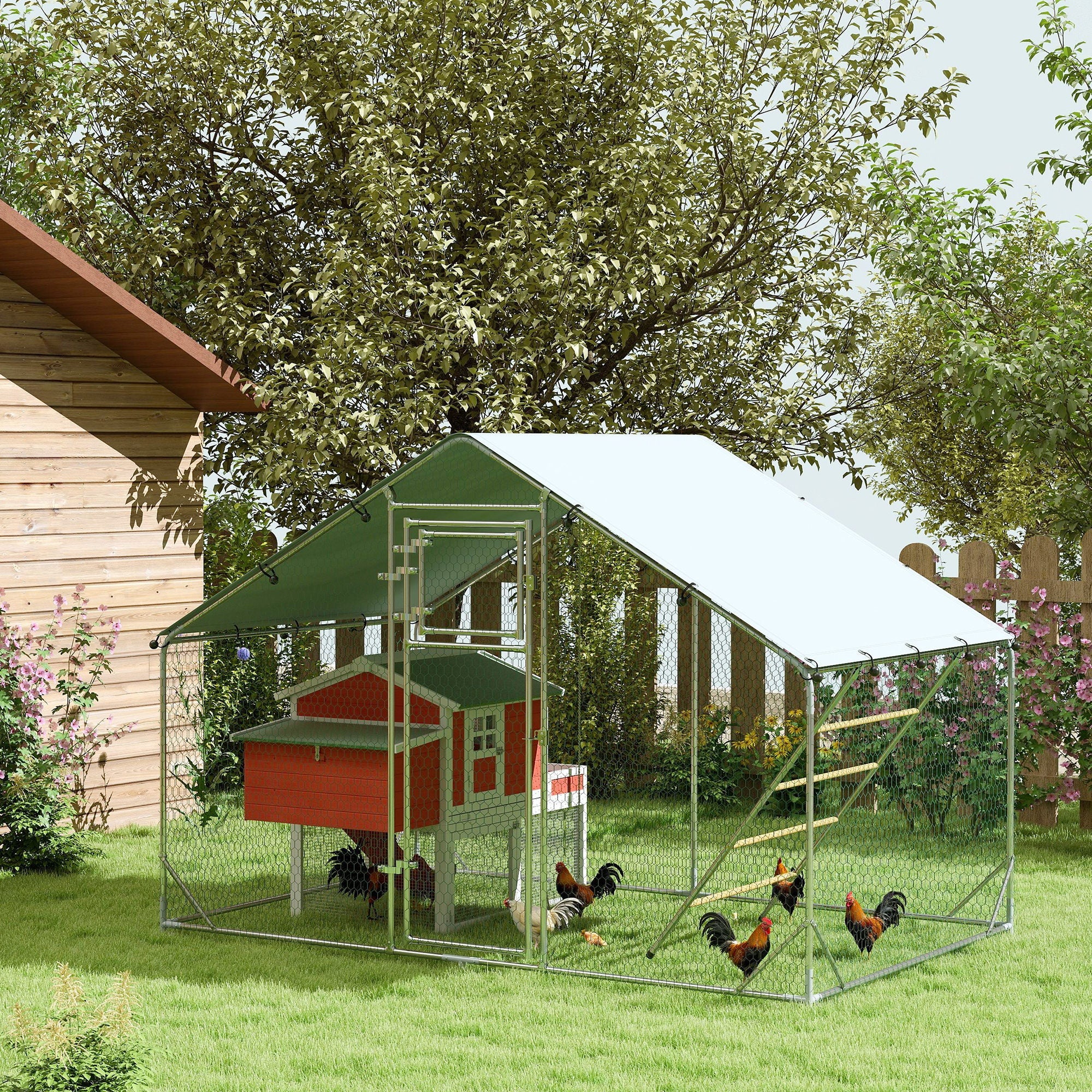 EasyComfort Recinto per Galline da 6m² per 6-8 Animali con Tetto Impermeabile, Mangiatoia e Posatoio, 3x2x1.9m, Argento