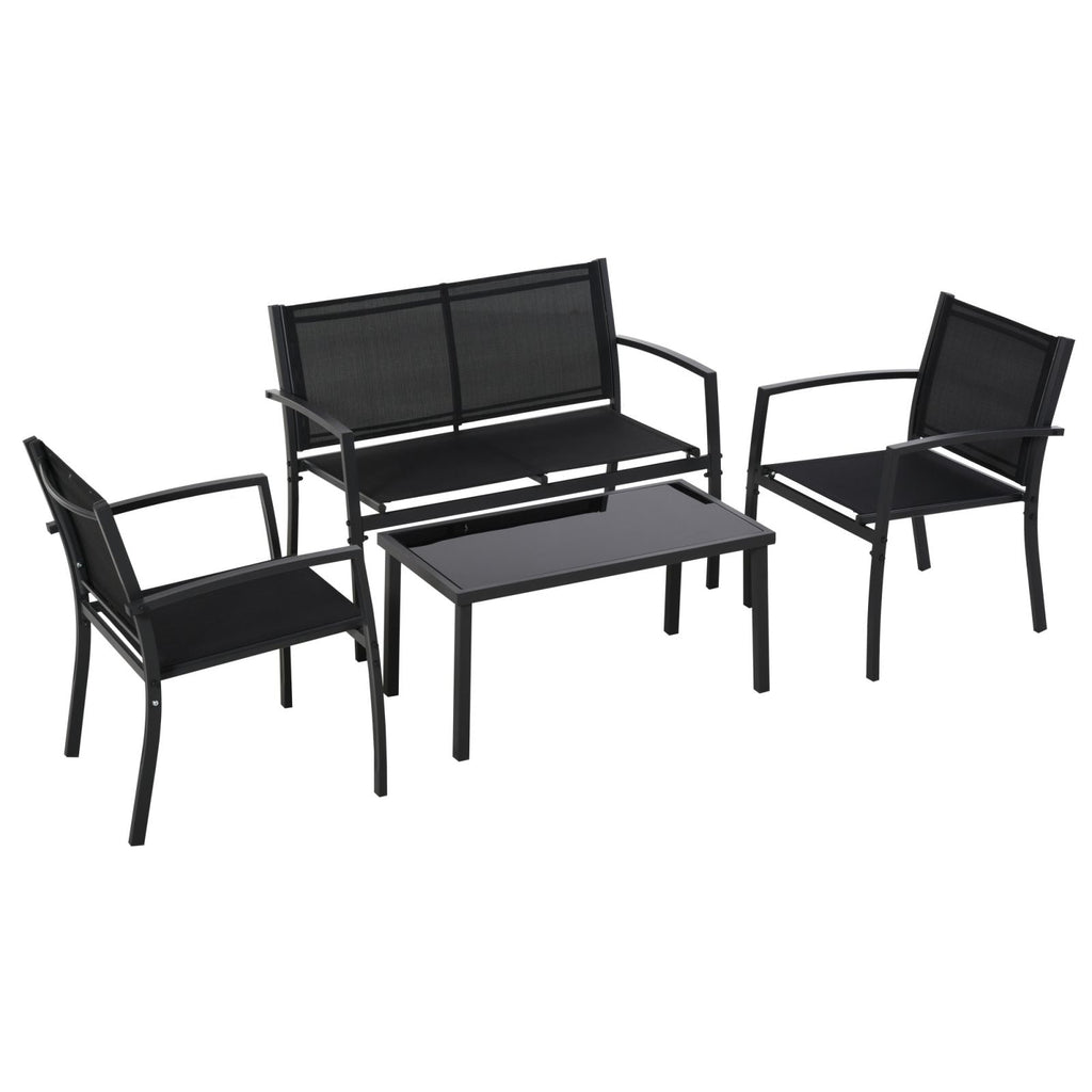 EASYCOMFORT Outdoor Lounge, 4-piece Set with 1 Coffee Table, 2 Garden Chairs and 1 Metal Bench, Black