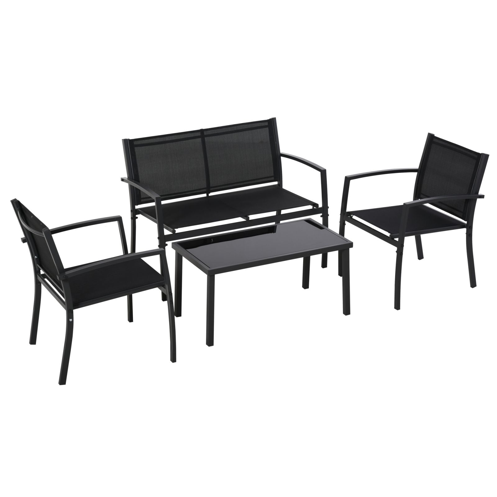 EASYCOMFORT Outdoor Lounge, 4-piece Set with 1 Coffee Table, 2 Garden Chairs and 1 Metal Bench, Black