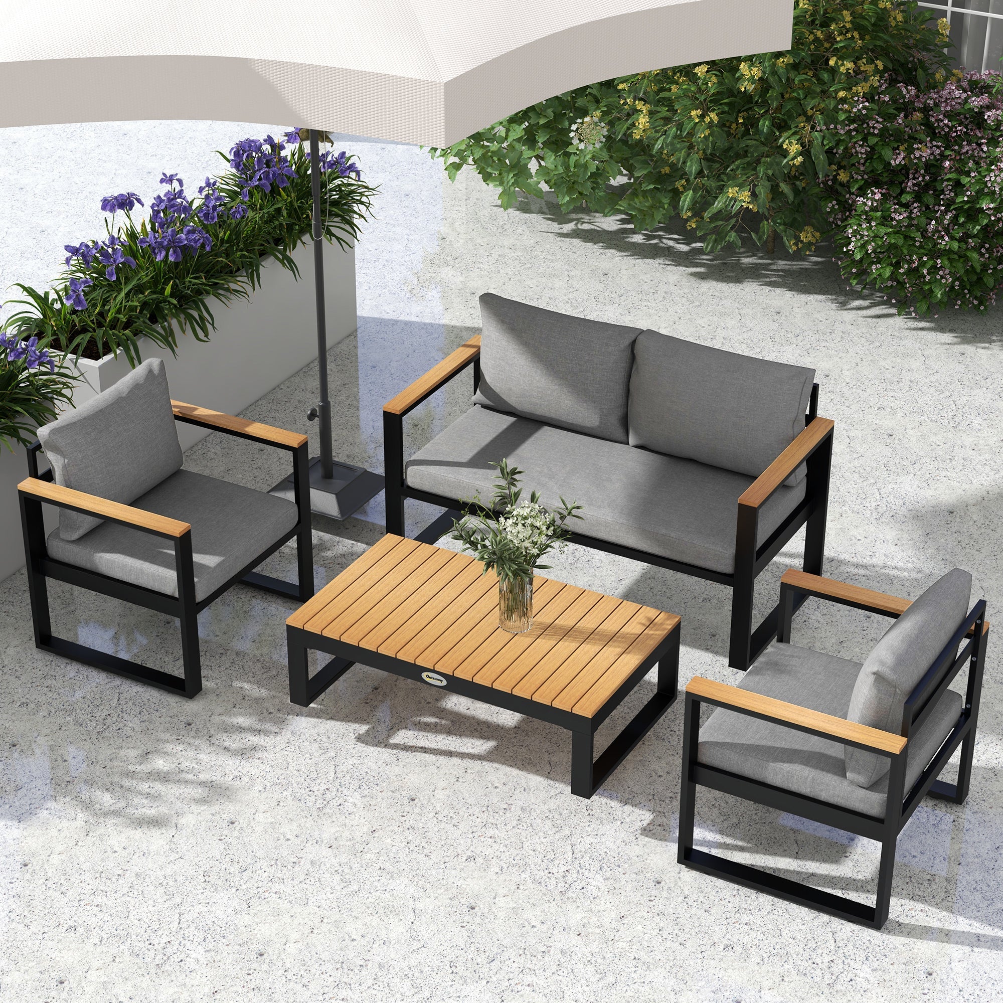 EasyComfort Tuinset 4-delig: 2-zitsbank, 2 fauteuils en salontafel, aluminium, grijs