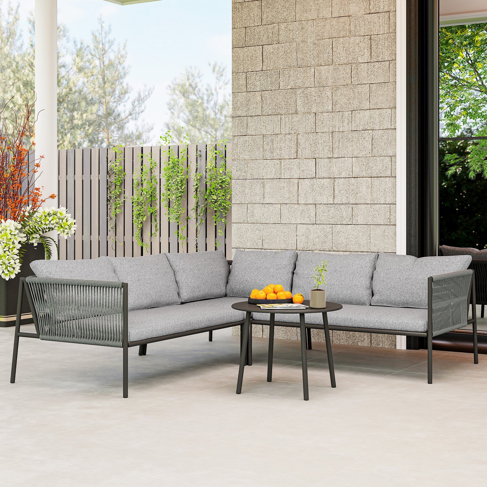EasyComfort 4-delig rattan loungeset modulair, donkergrijs