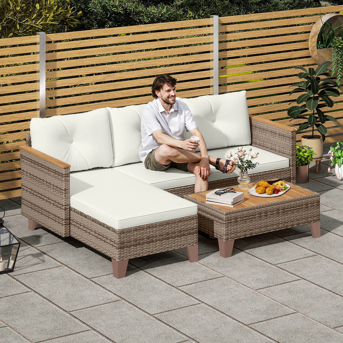 EasyComfort Tuinlounge rattan PE 2-zits + chaise longue + salontafel crème