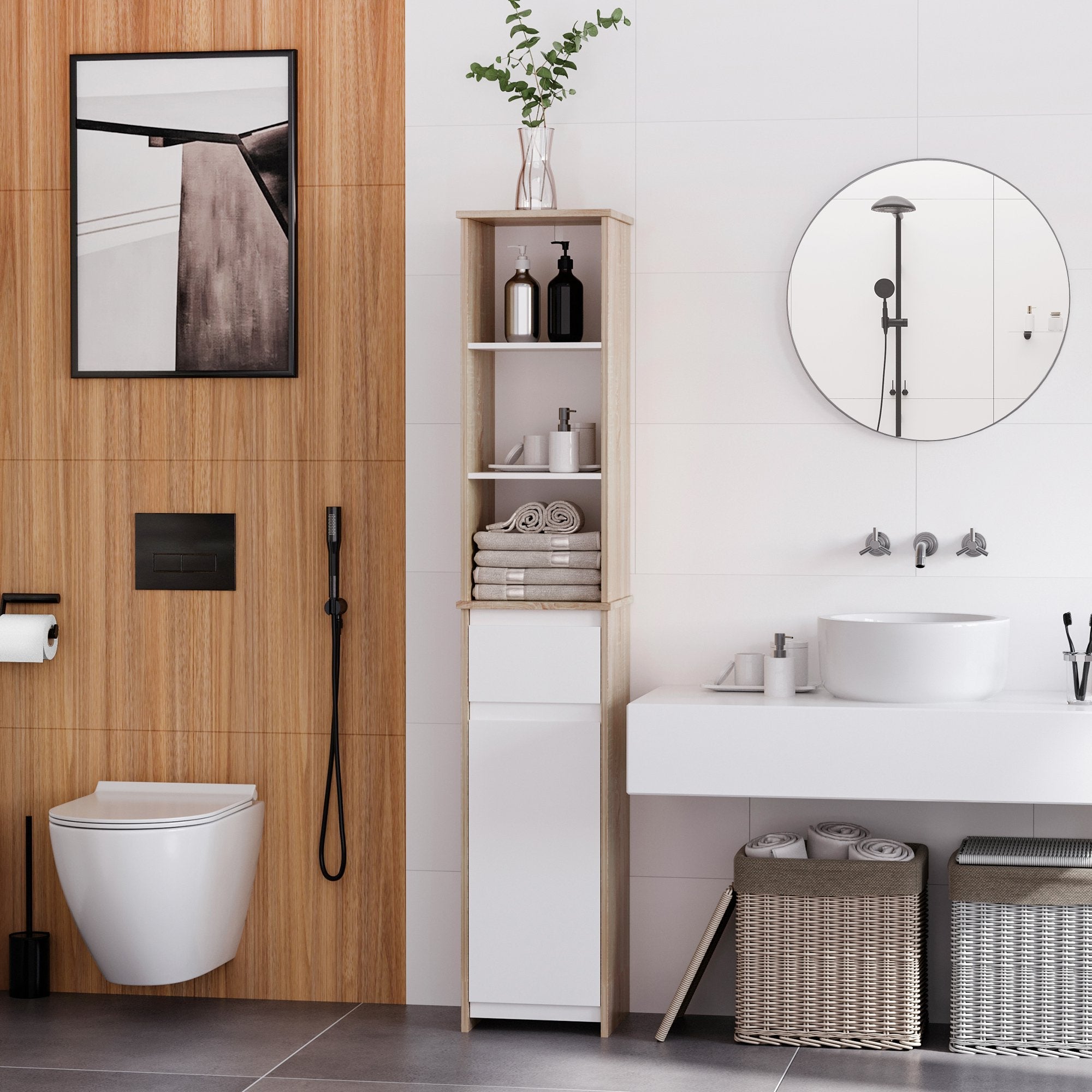 Easycomfort Scaffale Bagno Salvaspazio in Legno, Mobiletto a Colonna with Ripiani, Armadietto e Cassetto, white, 32.6x30x171.2cm